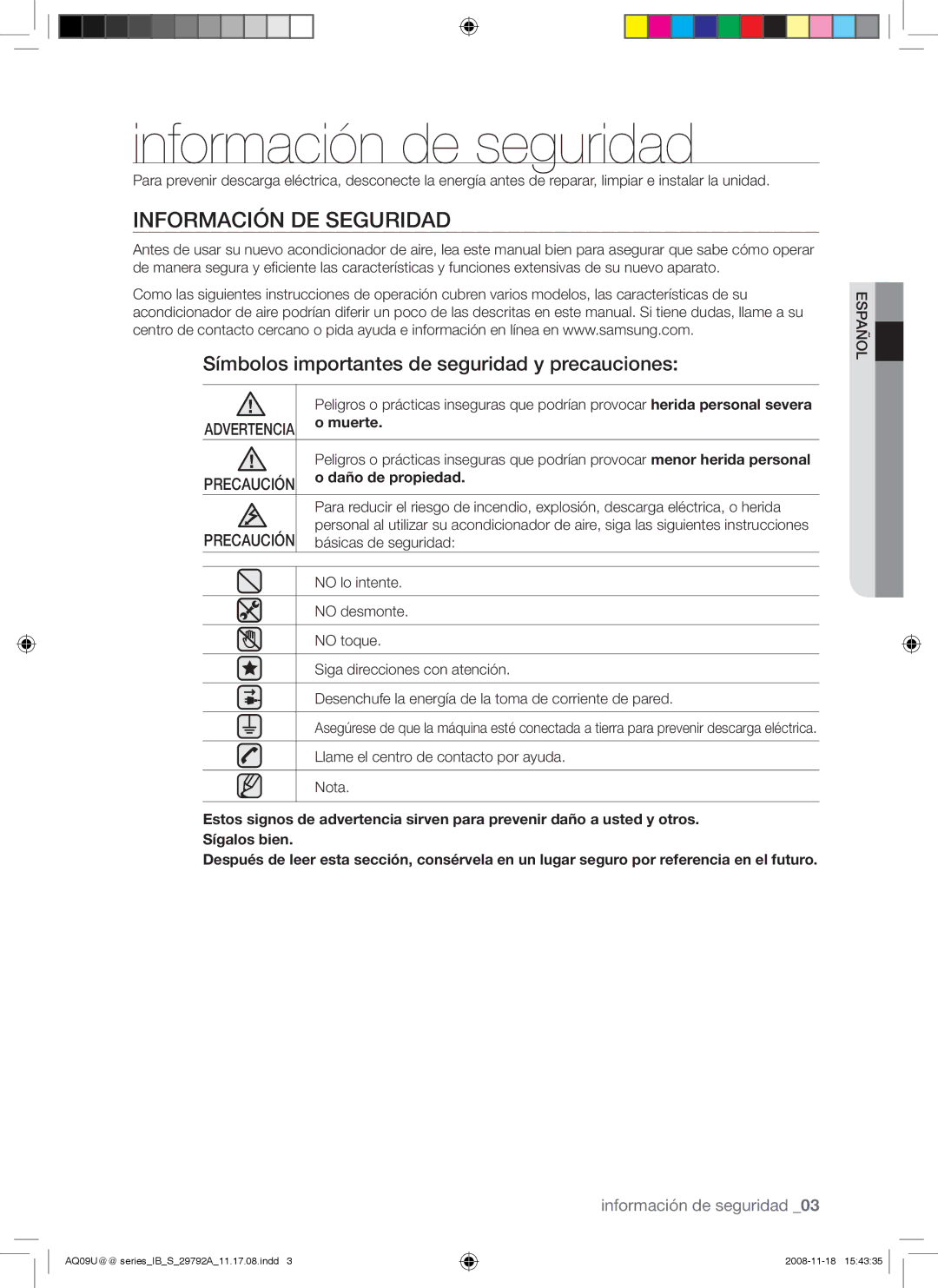 Samsung AQV18UGAN Información de seguridad, Información DE Seguridad, Símbolos importantes de seguridad y precauciones 