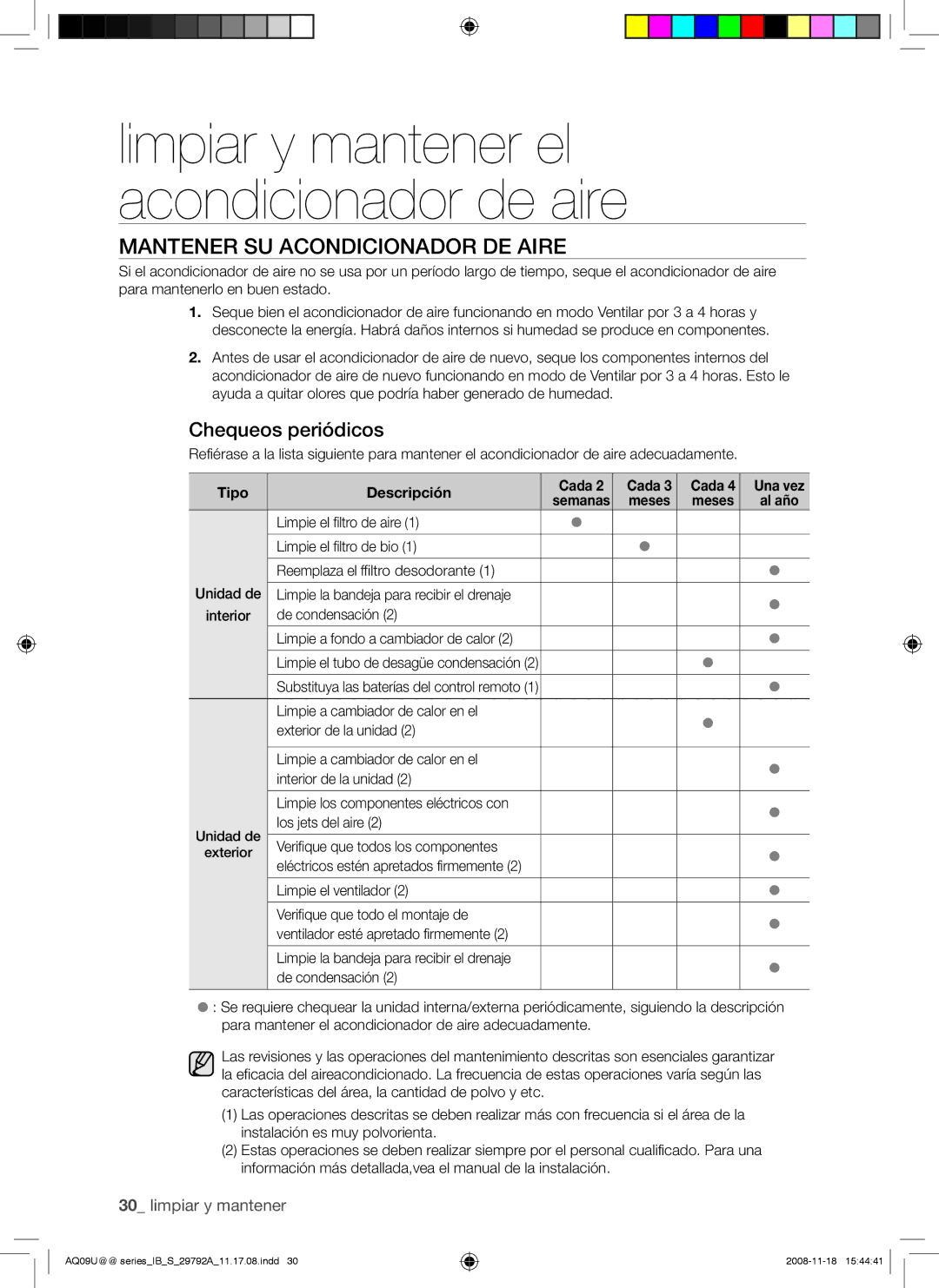 Samsung AQV12UGAX Mantener SU Acondicionador DE Aire, Chequeos periódicos, Tipo Descripción Cada Una vez, Meses Al año 