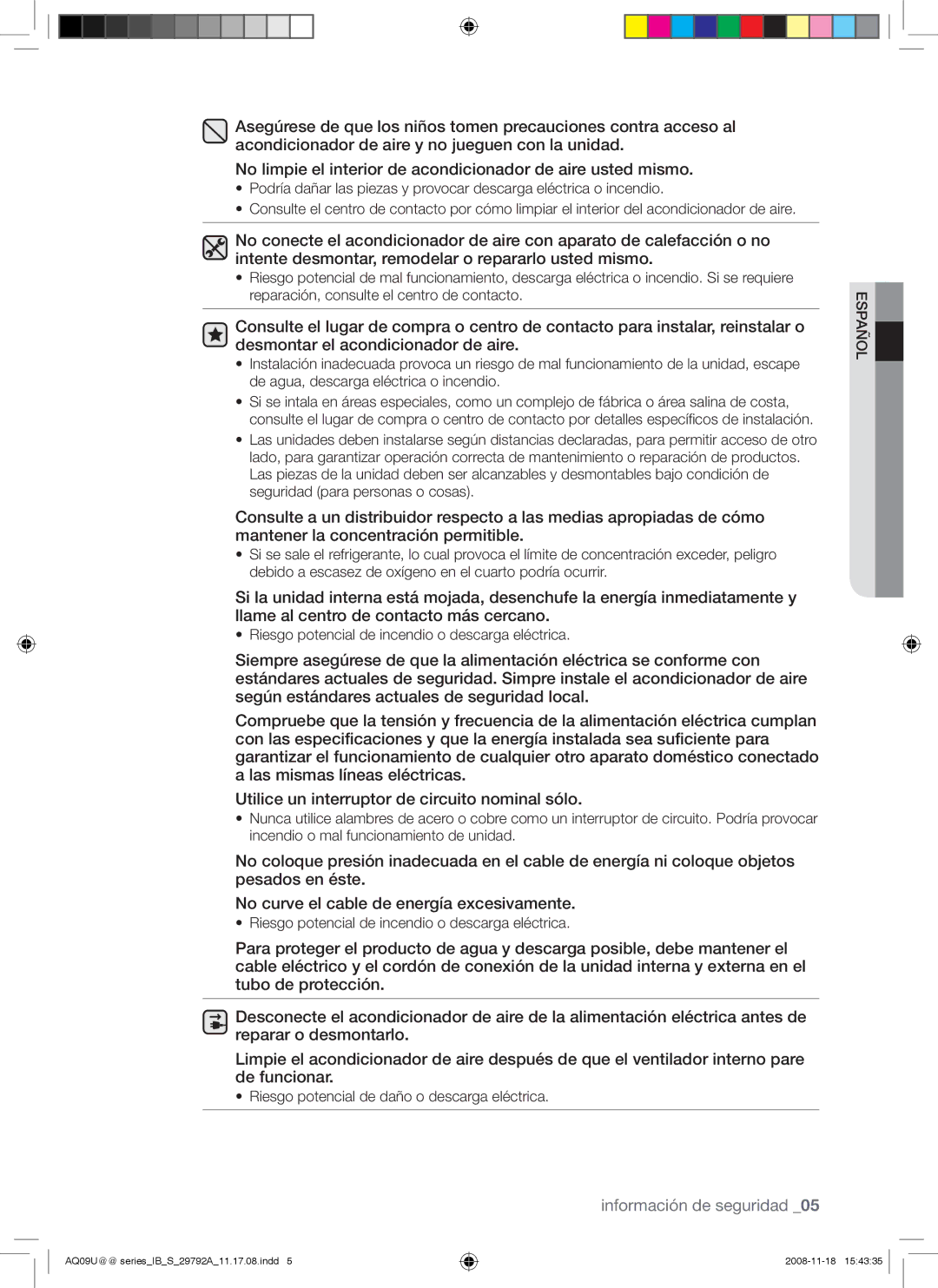 Samsung AQV12UGAN, AQV09UGAN, AQV24UGAX, AQV24UGAN, AQV18UGAN, AQV18UGAX manual Riesgo potencial de daño o descarga eléctrica 