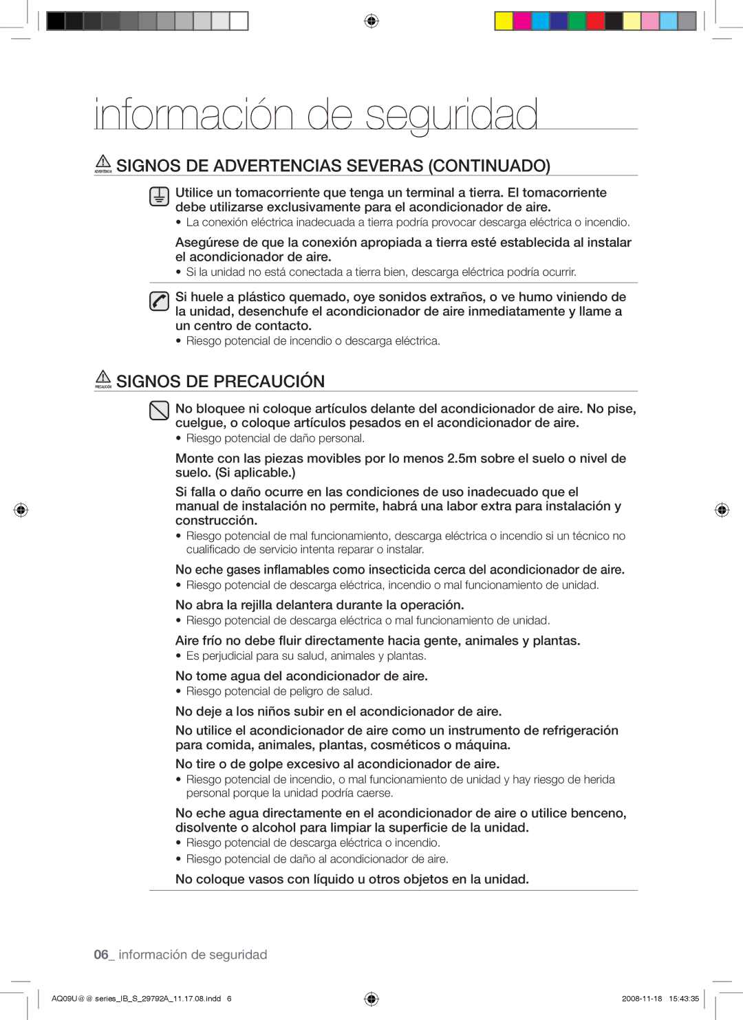 Samsung AQV12UGAX, AQV09UGAN manual Advertencia Signos DE Advertencias Severas Continuado, Precaución Signos DE Precaución 