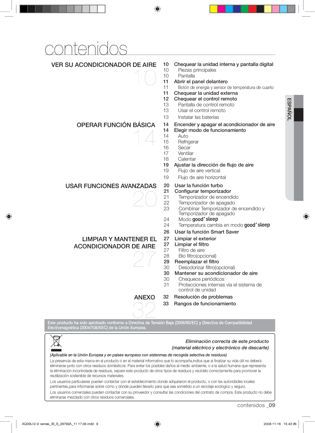 Samsung AQV24UGAX, AQV09UGAN, AQV24UGAN, AQV18UGAN, AQV18UGAX Contenidos, Resolución de problemas, Rangos de funcionamiento 