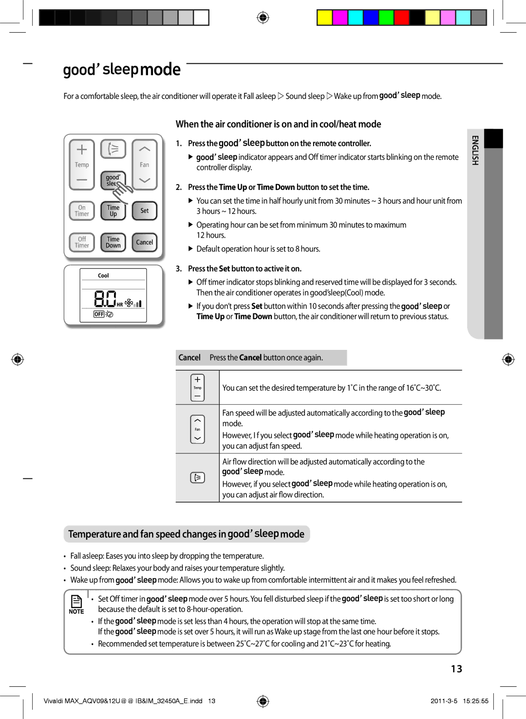 Samsung AQV12UGEX Mode, When the air conditioner is on and in cool/heat mode, Press the button on the remote controller 