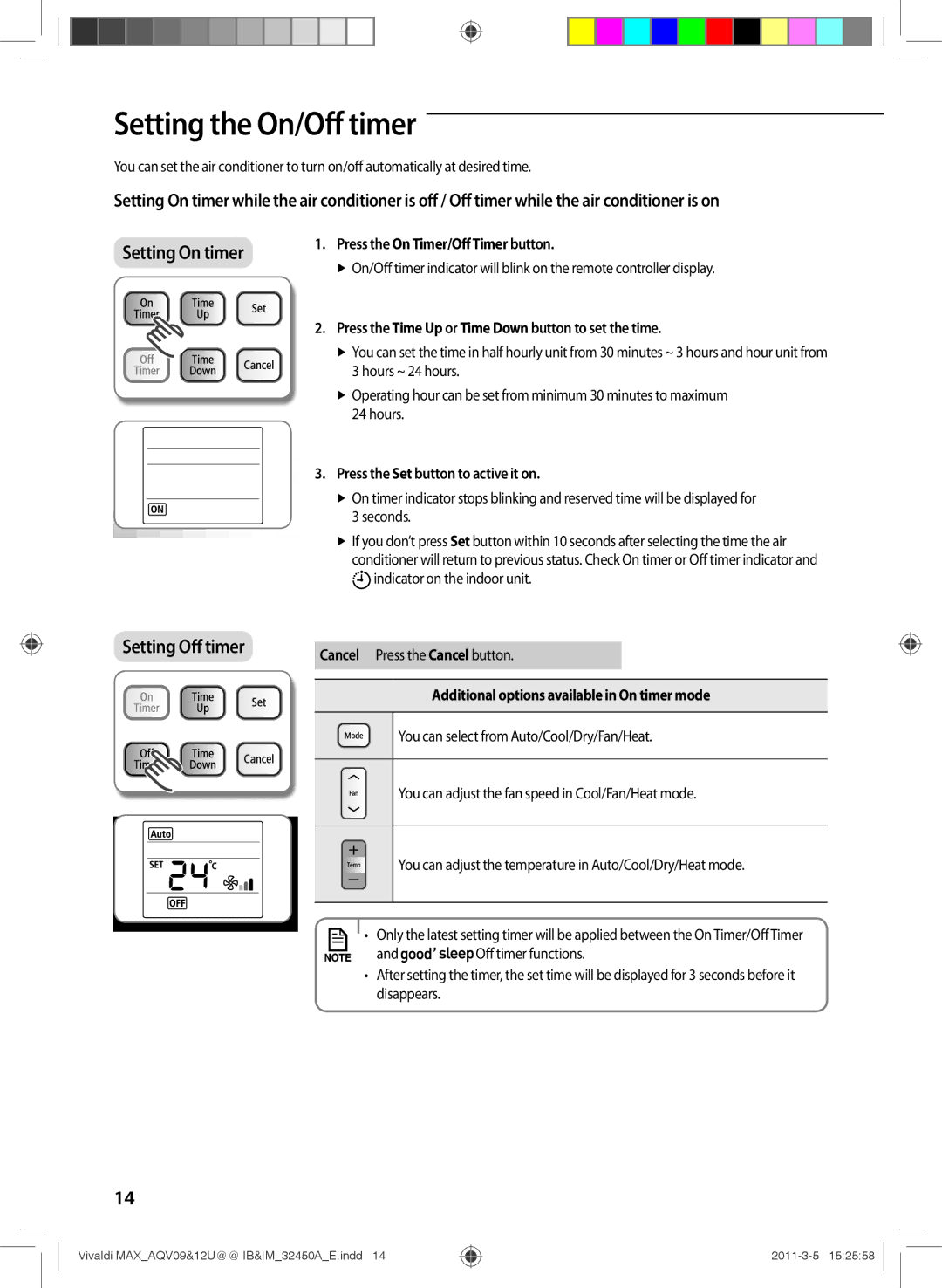 Samsung AQV12UGEN, AQV09UGEN Setting the On/Off timer, Press the On Timer/Oﬀ Timer button, Cancel Press the Cancel button 