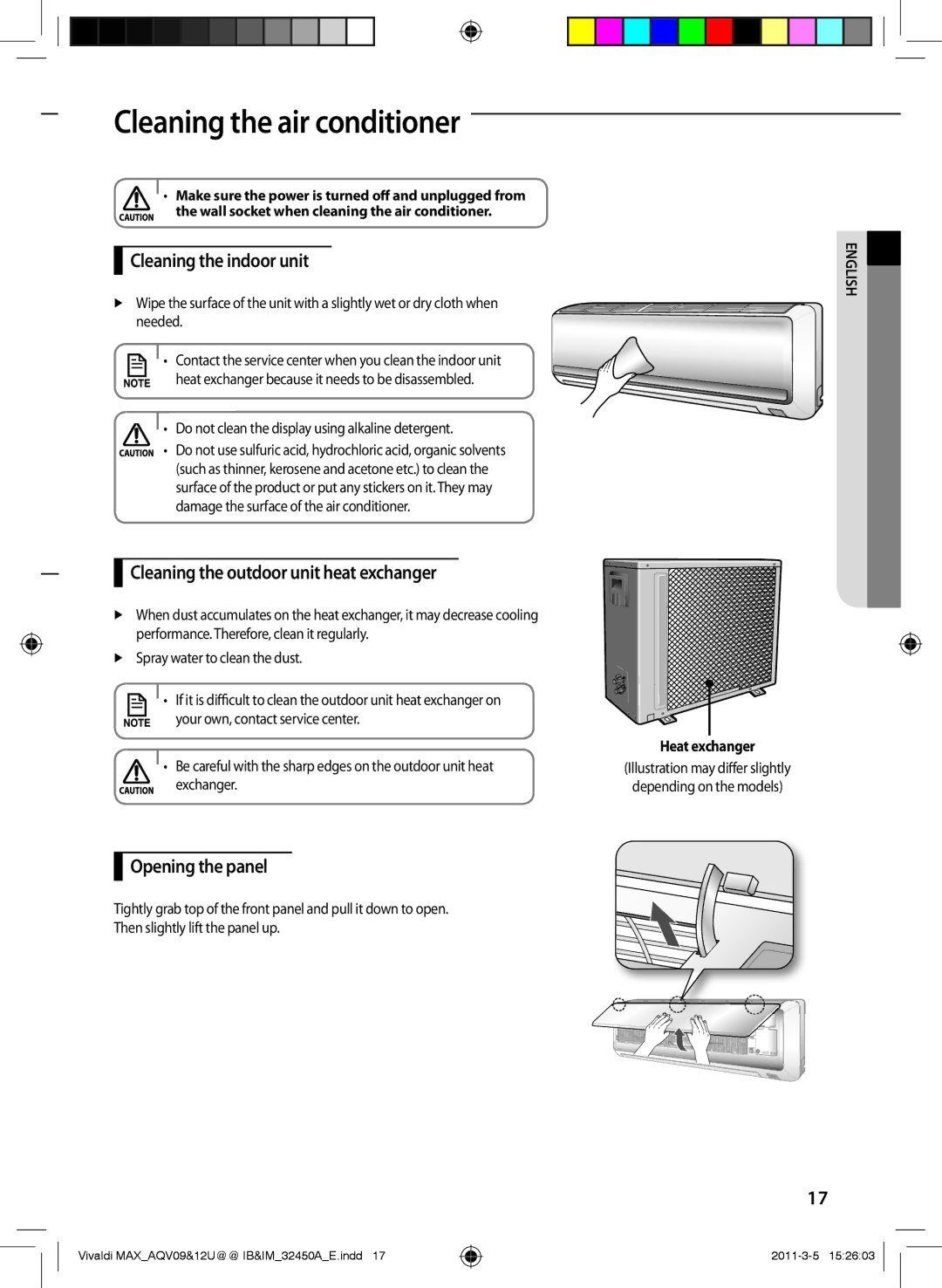 Samsung AQV10UWEN manual Cleaning the air conditioner, Cleaning the indoor unit, Cleaning the outdoor unit heat exchanger 