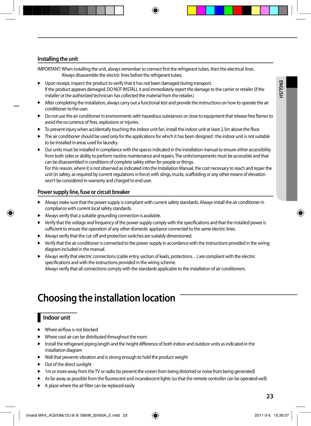 Samsung AQV10UWEN Choosing the installation location, Installing the unit, Power supply line, fuse or circuit breaker 