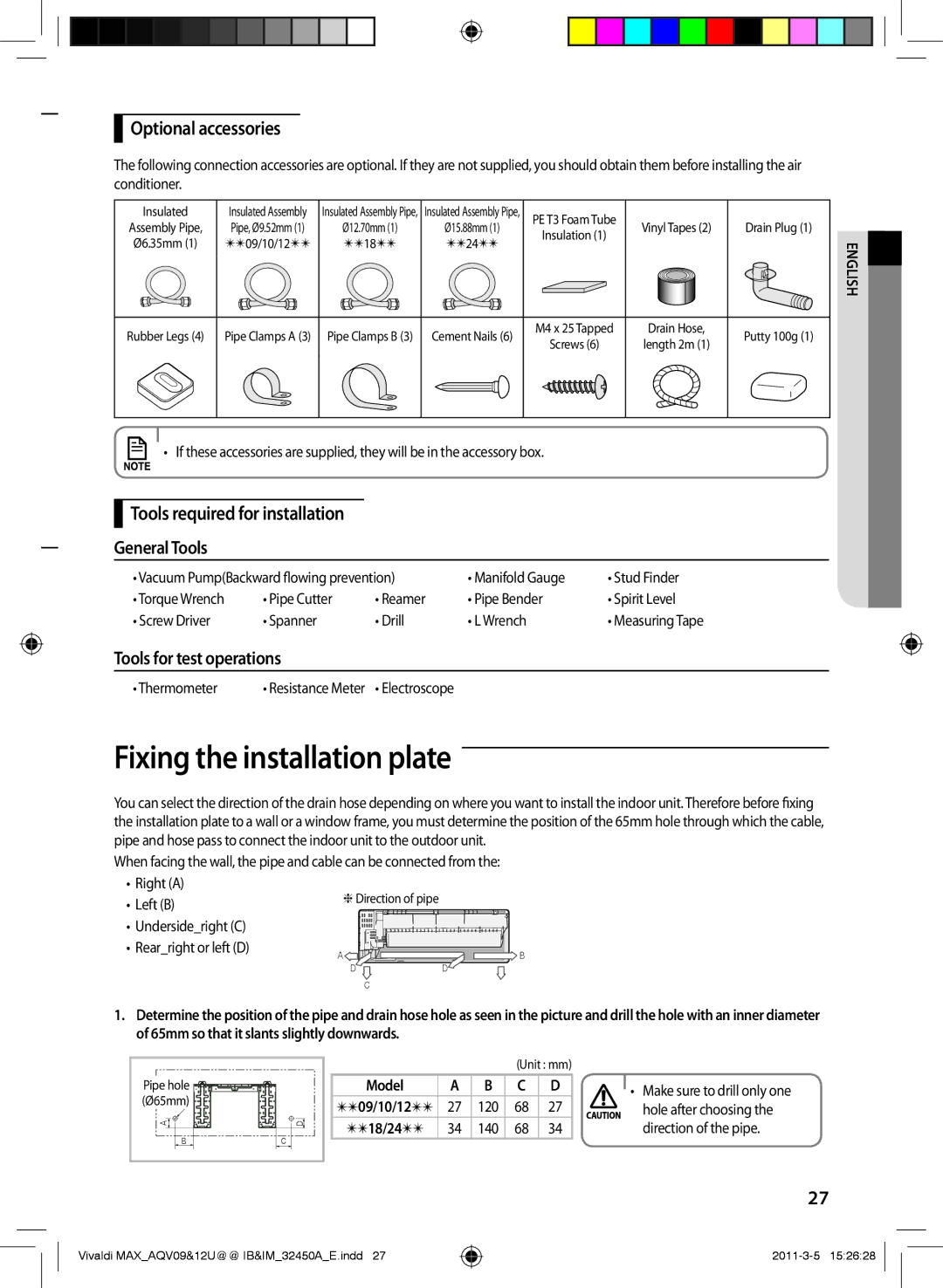 Samsung AQV09UGEX manual Fixing the installation plate, Optional accessories, Tools required for installation General Tools 