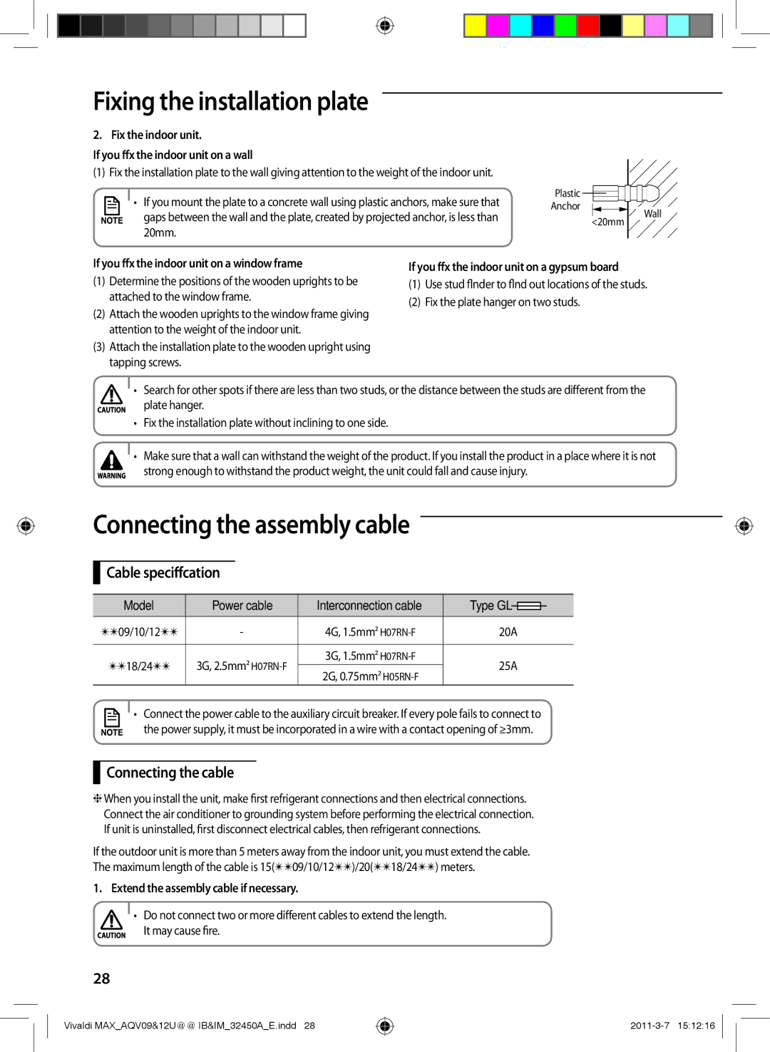 Samsung AQV10UWEX, AQV09UGEN, AQV12UGEX, AQV12UGEN Connecting the assembly cable, Cable specification, Connecting the cable 