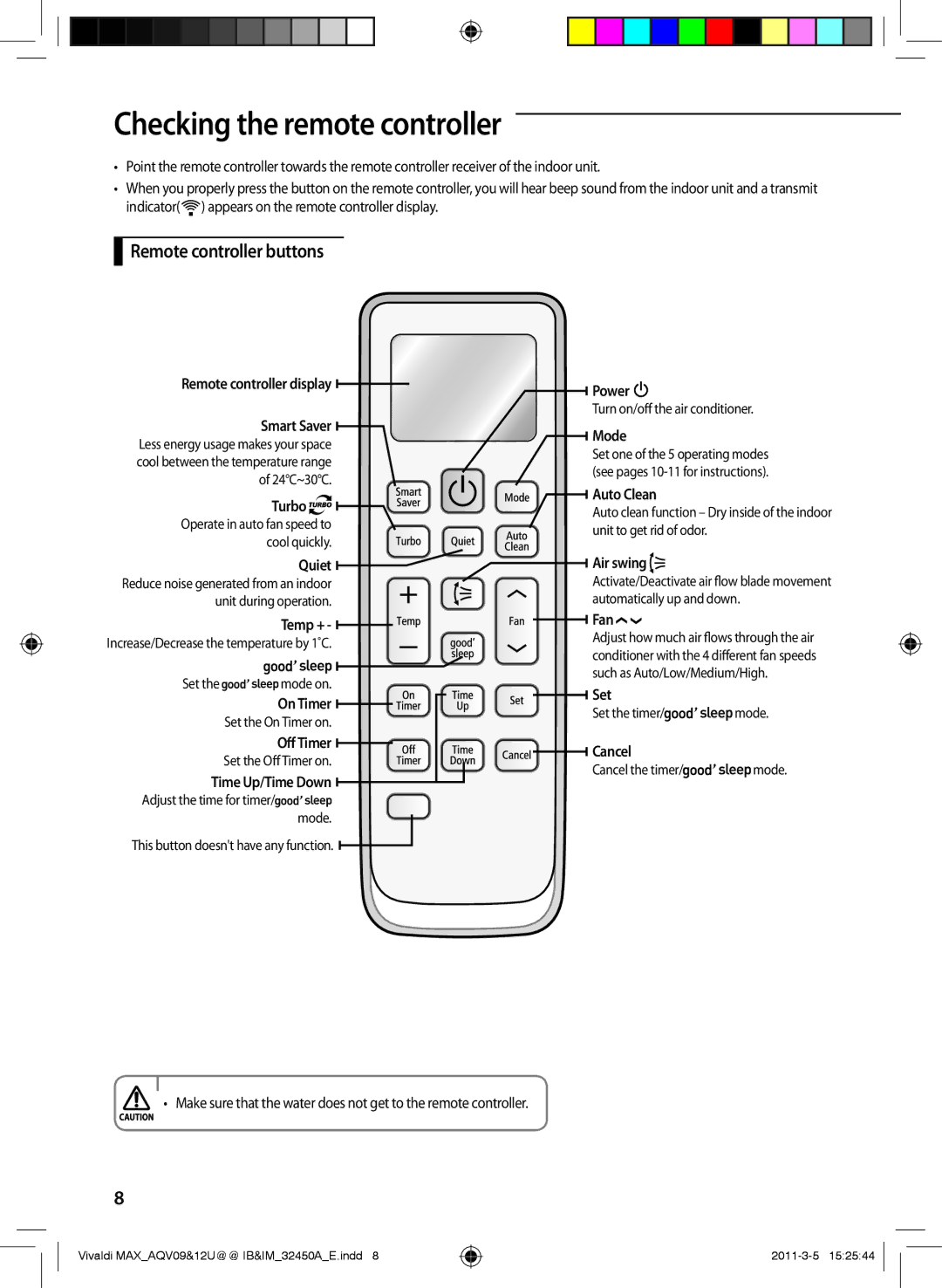 Samsung AQV12UGEN, AQV09UGEN, AQV12UGEX, AQV09UGEX, AQV10UWEX manual Checking the remote controller, Remote controller buttons 