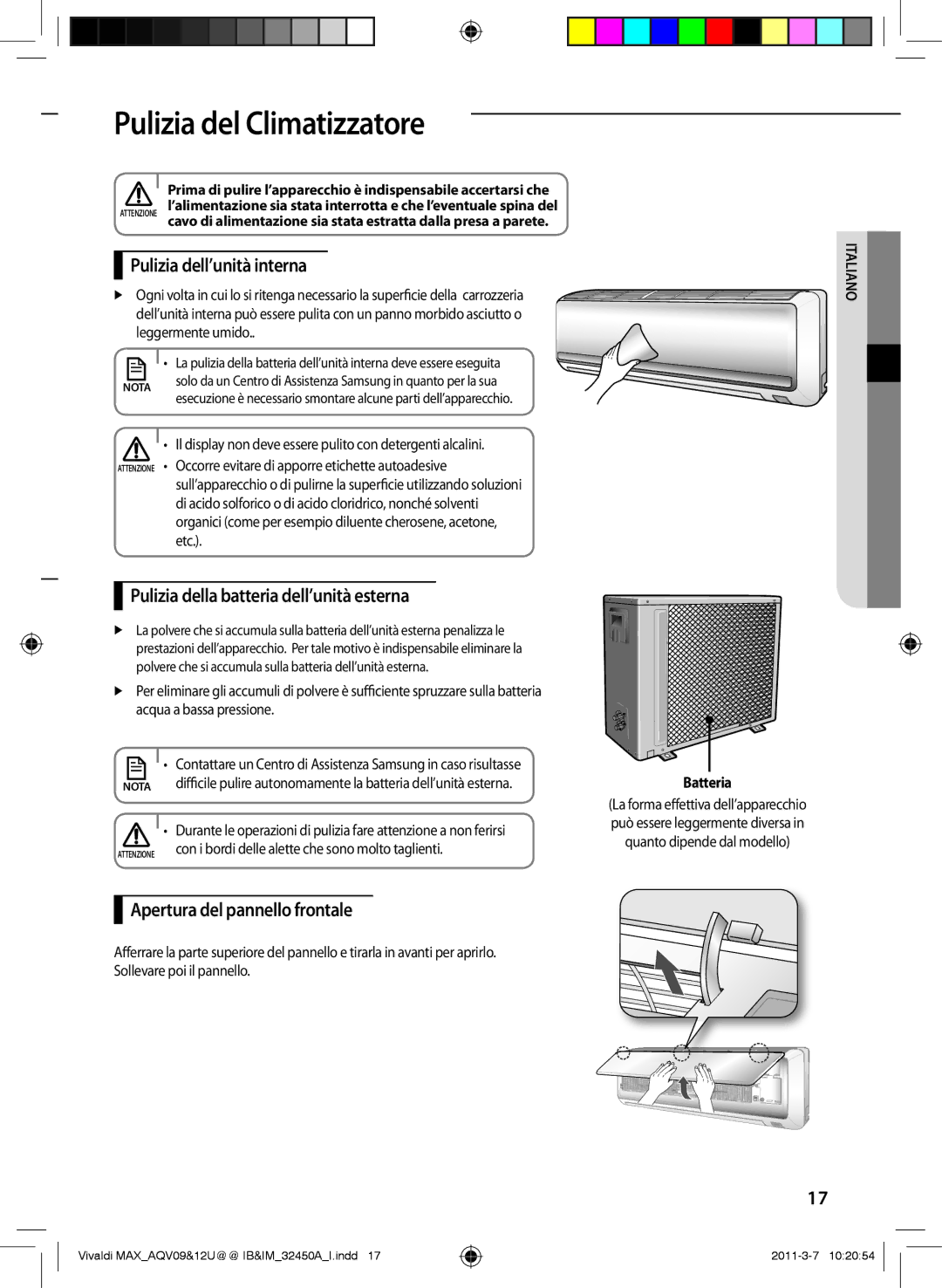 Samsung AQV10UWEN manual Pulizia del Climatizzatore, Pulizia dell’unità interna, Pulizia della batteria dell’unità esterna 