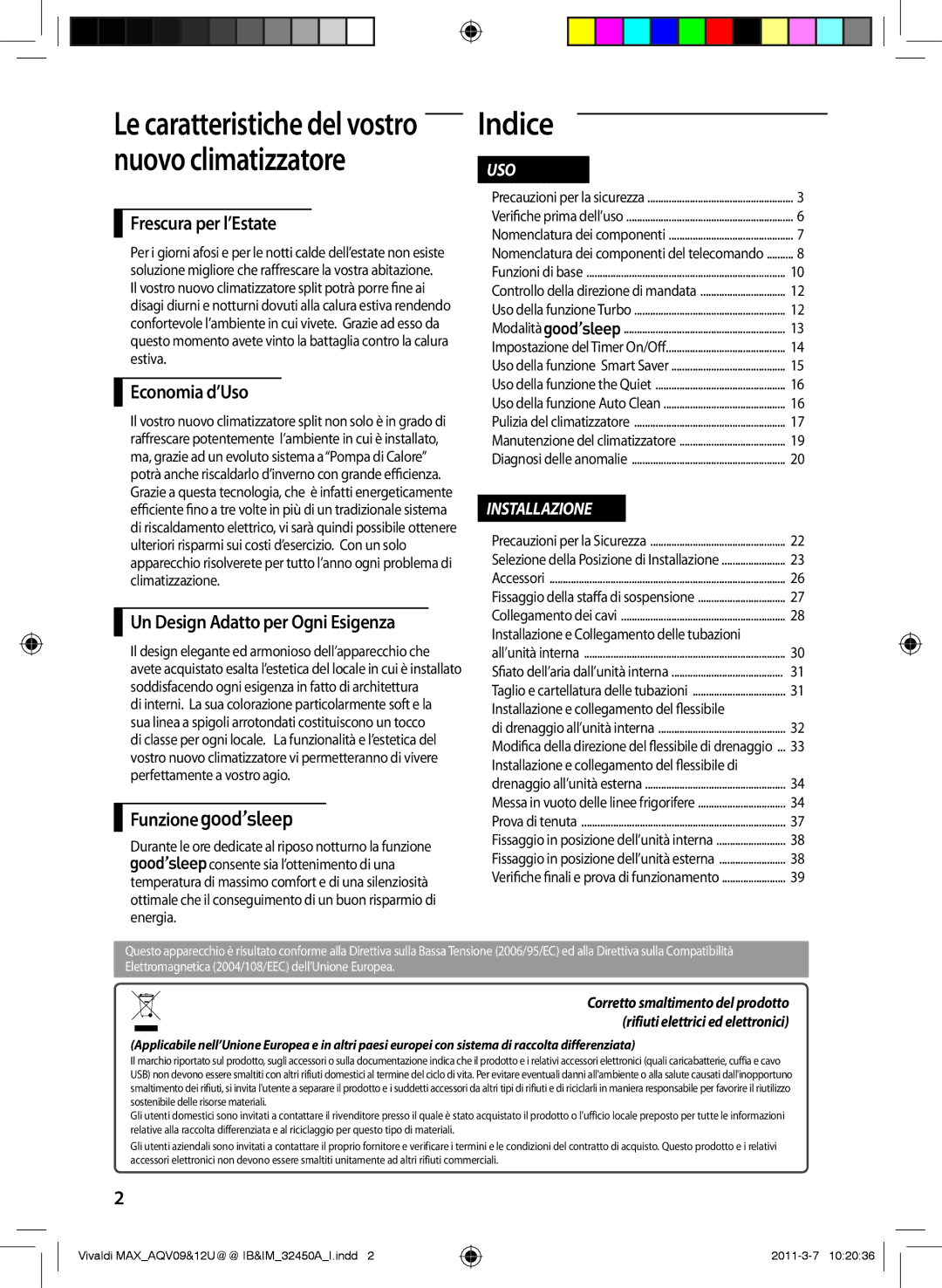 Samsung AQV12UGEN, AQV09UGEN Indice, Frescura per l’Estate, Economia d’Uso, Un Design Adatto per Ogni Esigenza, Funzione 