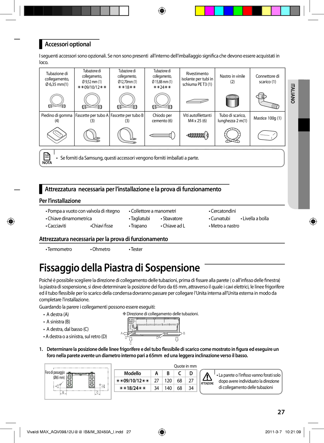 Samsung AQV09UGEX, AQV09UGEN, AQV12UGEX, AQV12UGEN, AQV10UWEX manual Fissaggio della Piastra di Sospensione, Accessori optional 