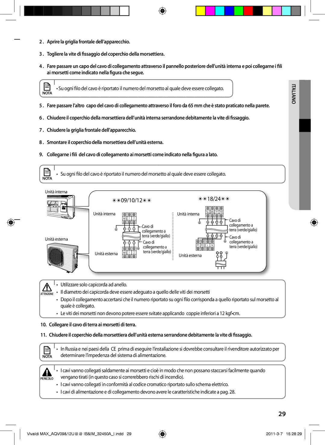 Samsung AQV10UWEN, AQV09UGEN, AQV12UGEX, AQV12UGEN, AQV09UGEX, AQV10UWEX manual Collegare il cavo di terra ai morsetti di terra 