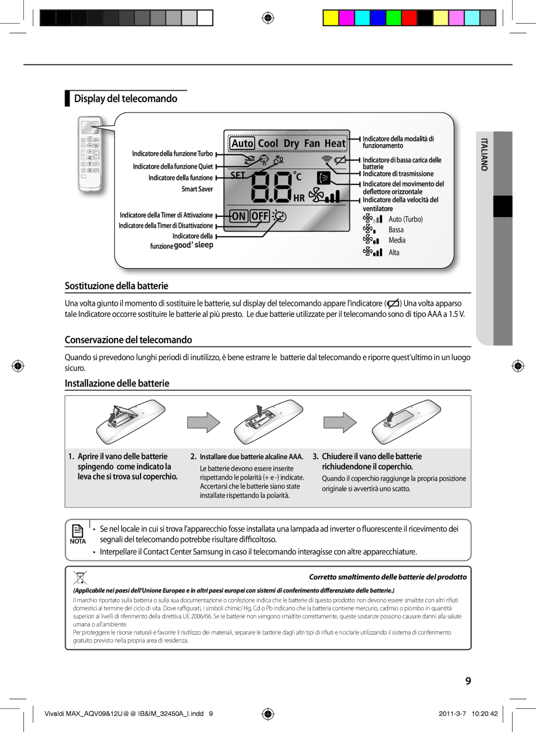 Samsung AQV09UGEX, AQV09UGEN, AQV12UGEX Display del telecomando, Sostituzione della batterie, Conservazione del telecomando 