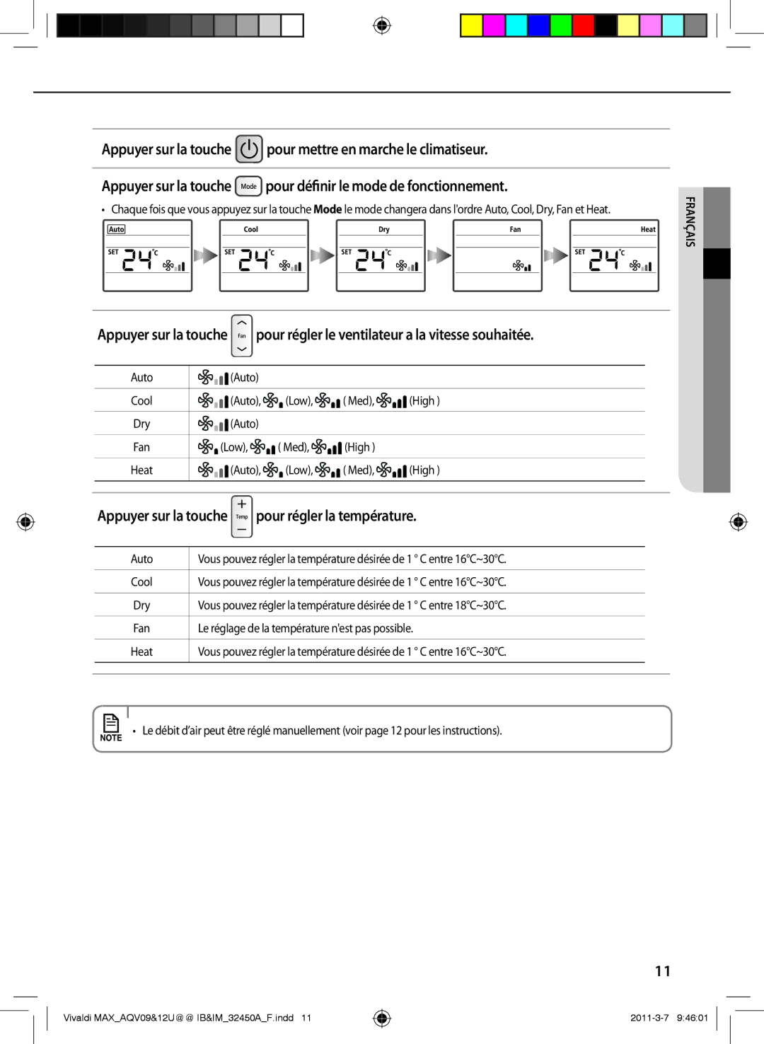 Samsung AQV09UGEX, AQV09UGEN, AQV12UGEX, AQV12UGEN manual Appuyer sur la touche pour régler la température 