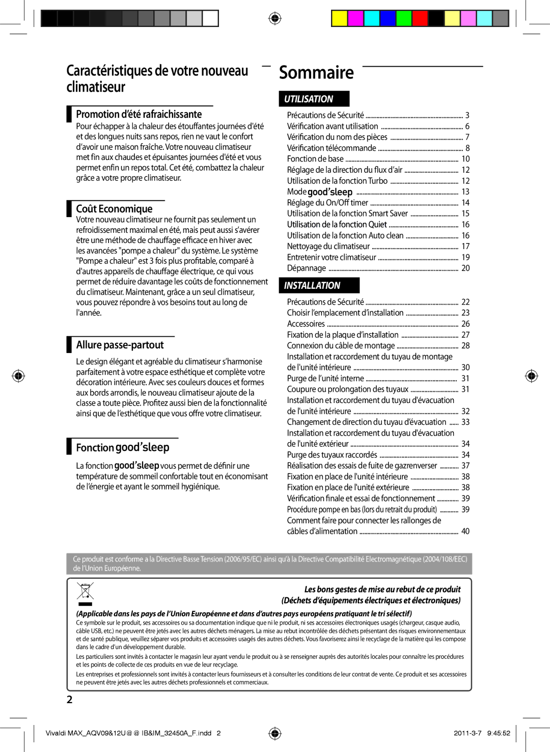 Samsung AQV12UGEN, AQV09UGEN Sommaire, Promotion d’été rafraichissante, Coût Economique, Allure passe-partout, Fonction 