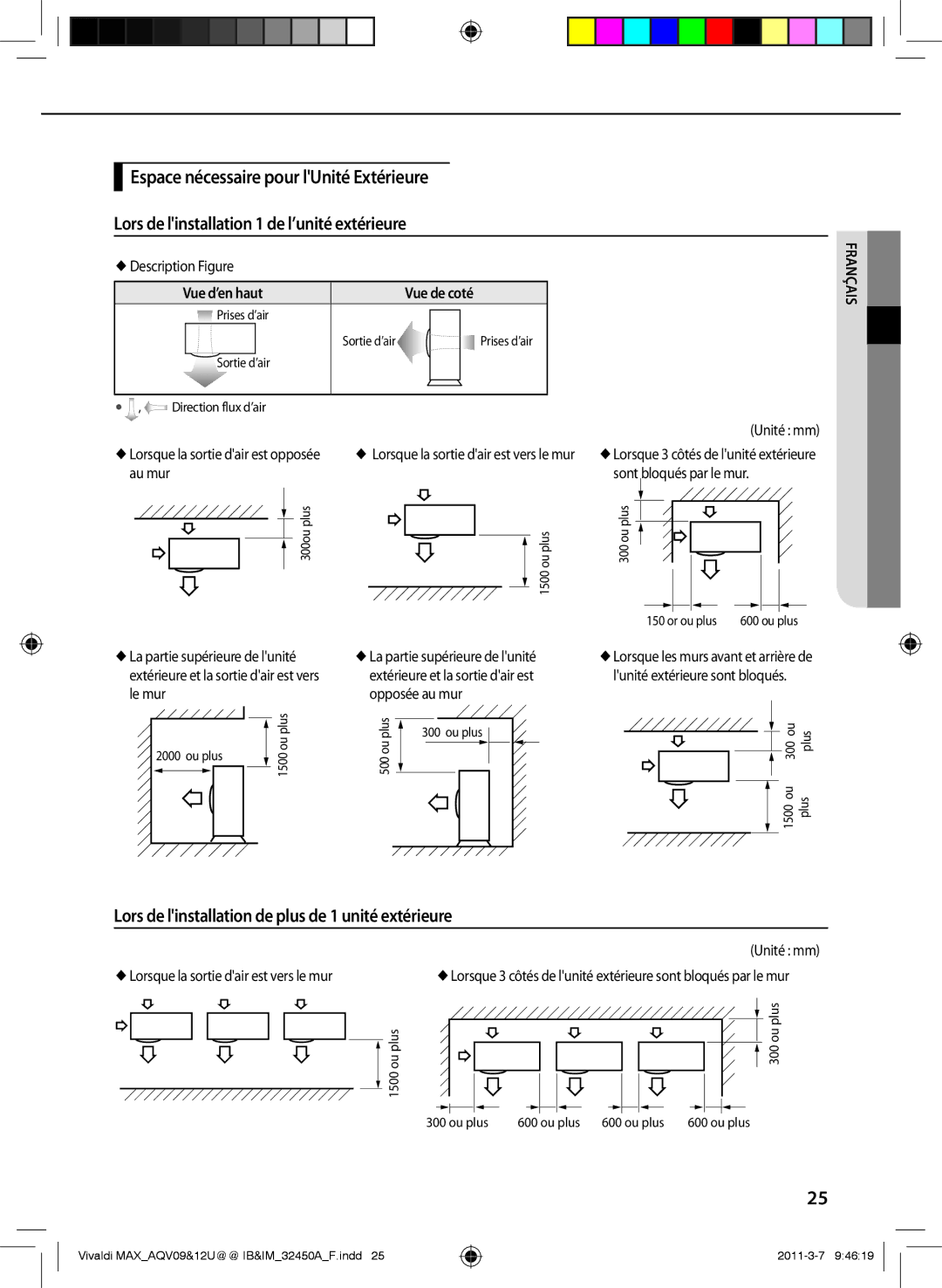 Samsung AQV12UGEX, AQV09UGEN, AQV12UGEN manual Lors de linstallation de plus de 1 unité extérieure, Vue d’en haut Vue de coté 