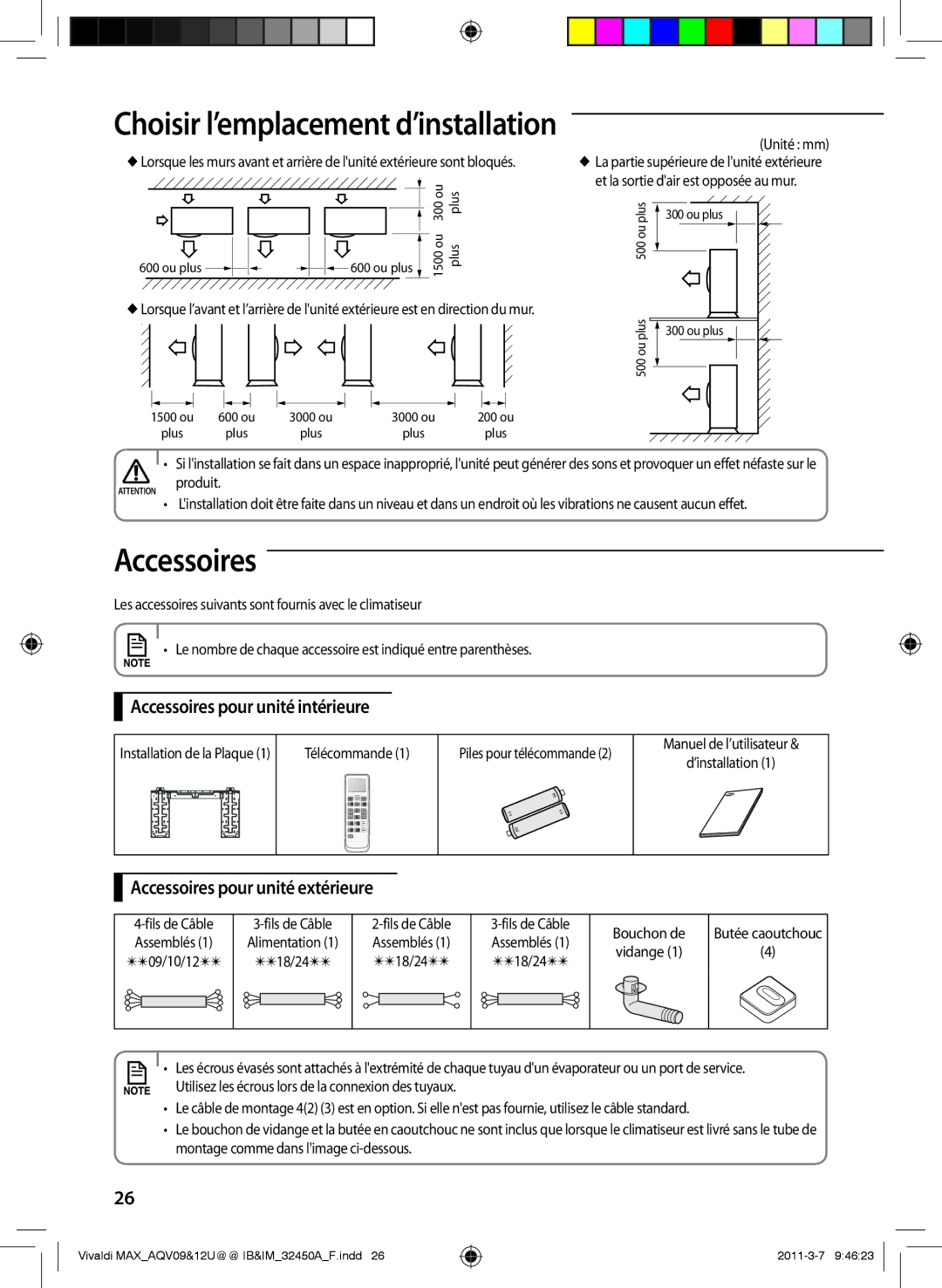 Samsung AQV12UGEN, AQV09UGEN, AQV12UGEX, AQV09UGEX Accessoires pour unité intérieure, Accessoires pour unité extérieure 