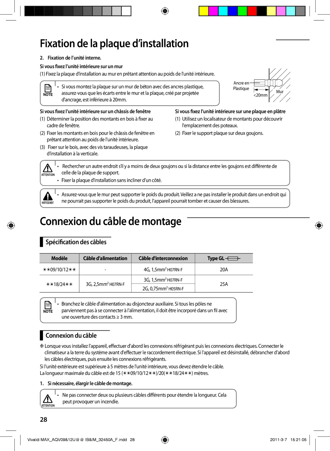 Samsung AQV09UGEN Connexion du câble de montage, Spécification des câbles, Si nécessaire, élargir le câble de montage 