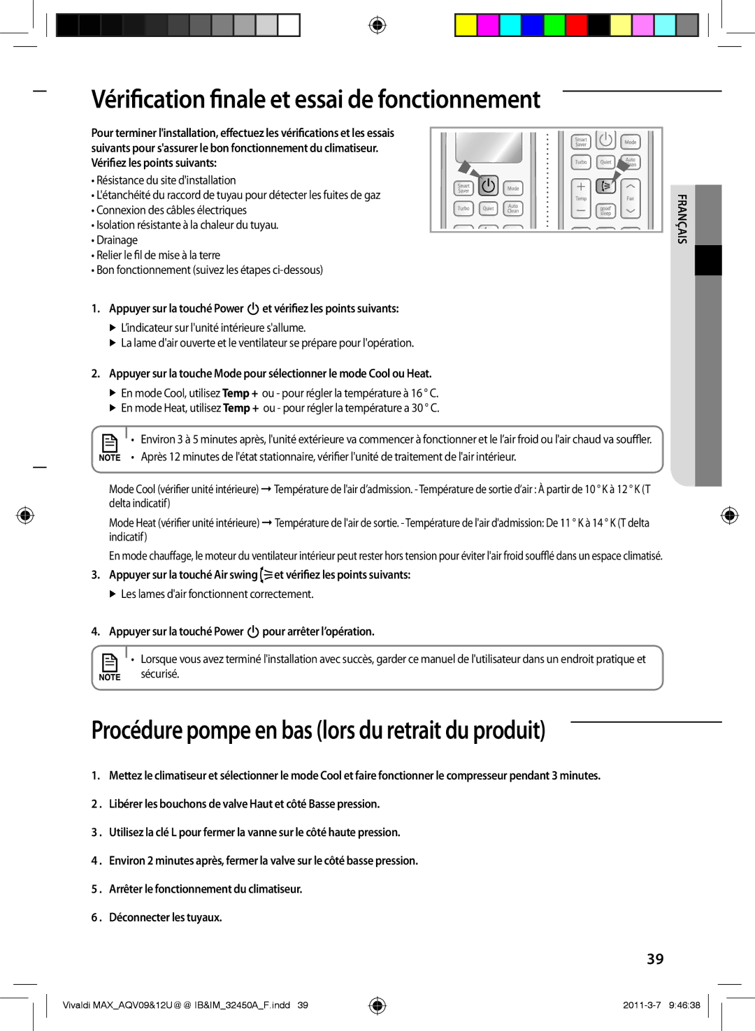 Samsung AQV09UGEX Vérification finale et essai de fonctionnement, Appuyer sur la touché Power pour arrêter l’opération 