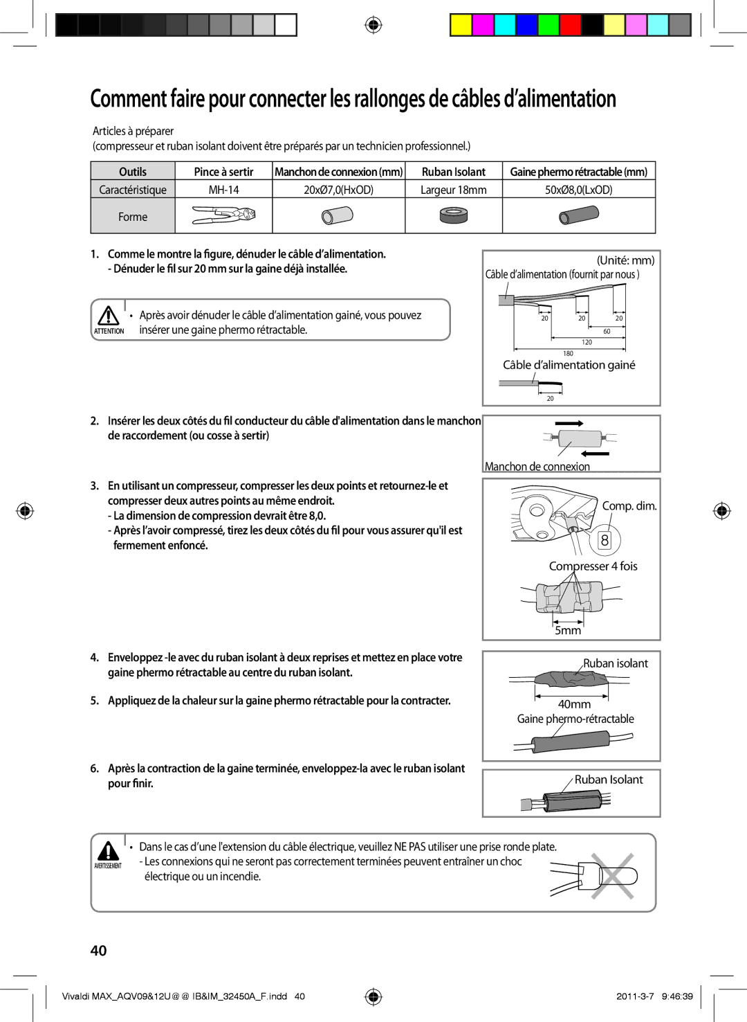 Samsung AQV09UGEN Ruban Isolant, Manchon de connexion, Compresser deux autres points au même endroit, 40mm, Pour finir 