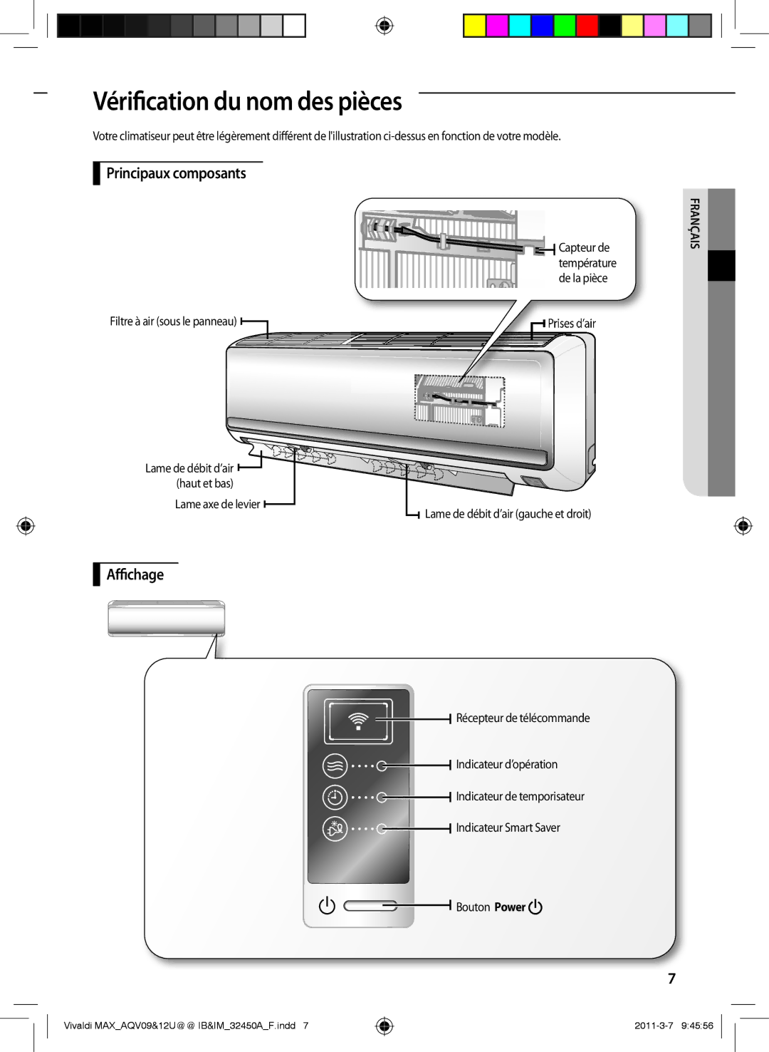 Samsung AQV09UGEX, AQV09UGEN, AQV12UGEX, AQV12UGEN manual Vérification du nom des pièces, Principaux composants, Affichage 