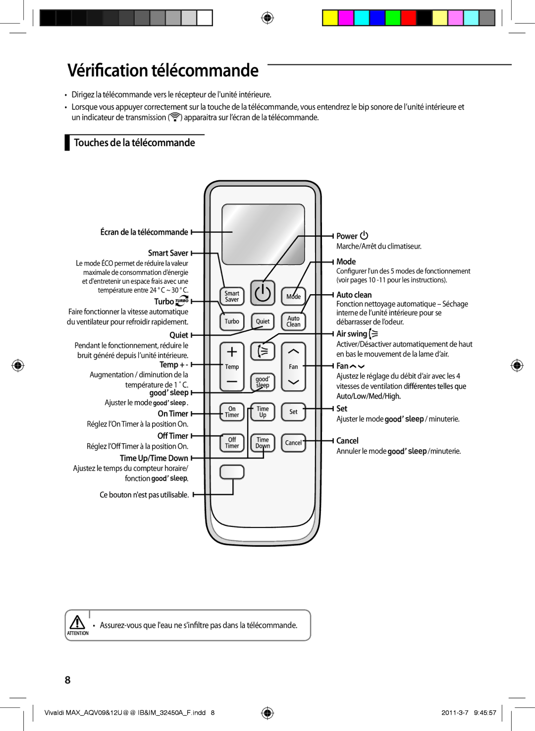 Samsung AQV09UGEN, AQV12UGEX, AQV12UGEN, AQV09UGEX manual Vérification télécommande, Touches de la télécommande 