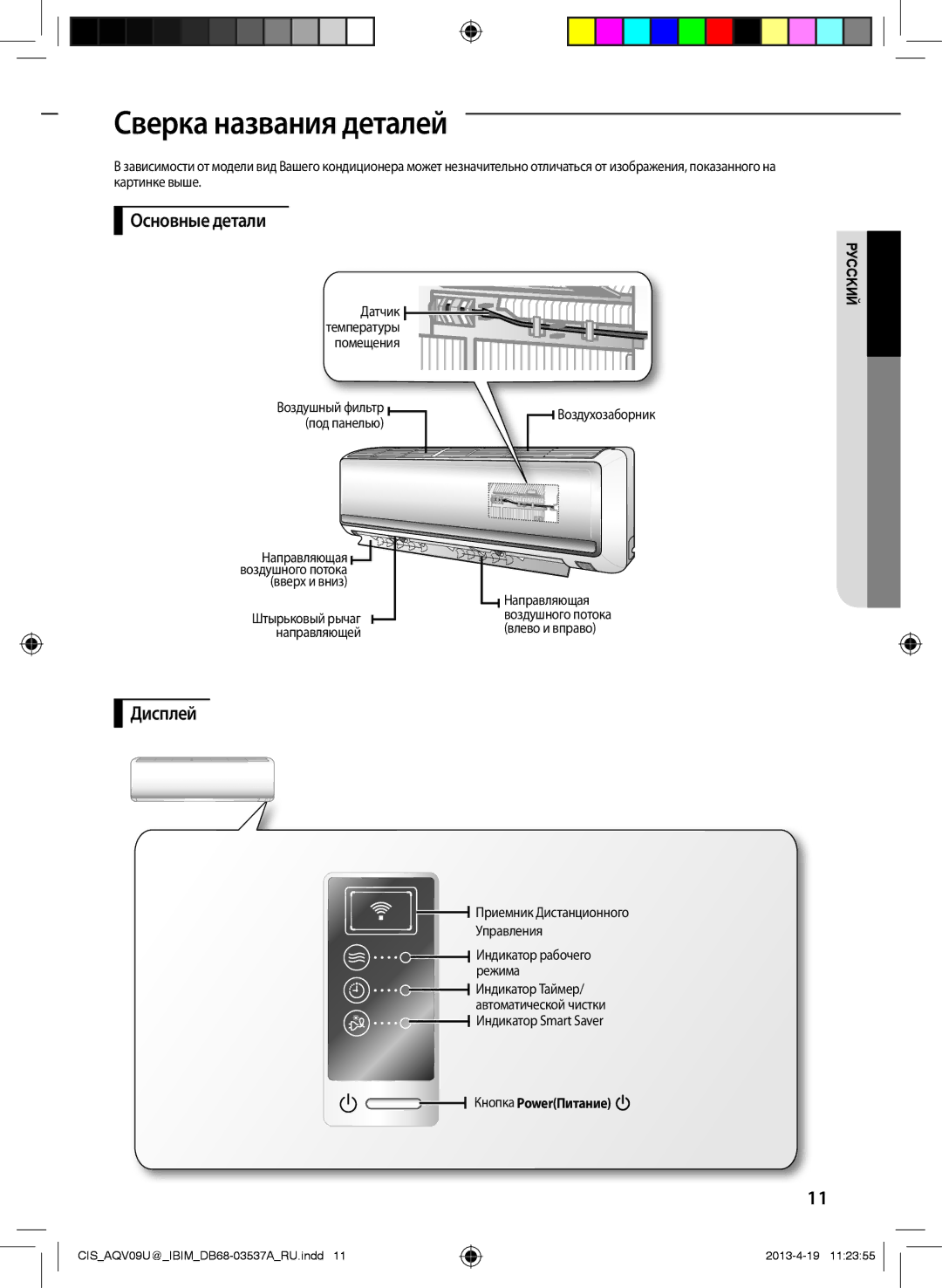 Samsung AQV18UGFNSER, AQV09UGFNSER, AQV12UGFNSER Сверка названия деталей, Основные детали, Дисплей, Кнопка PowerПитание 