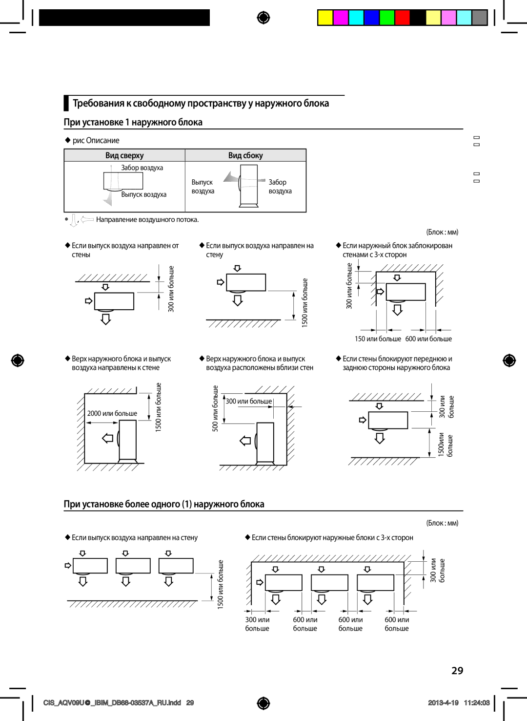 Samsung AQV12UGFNSER manual При установке более одного 1 наружного блока,  рис Описание, Вид сверху Вид сбоку, Блок мм 