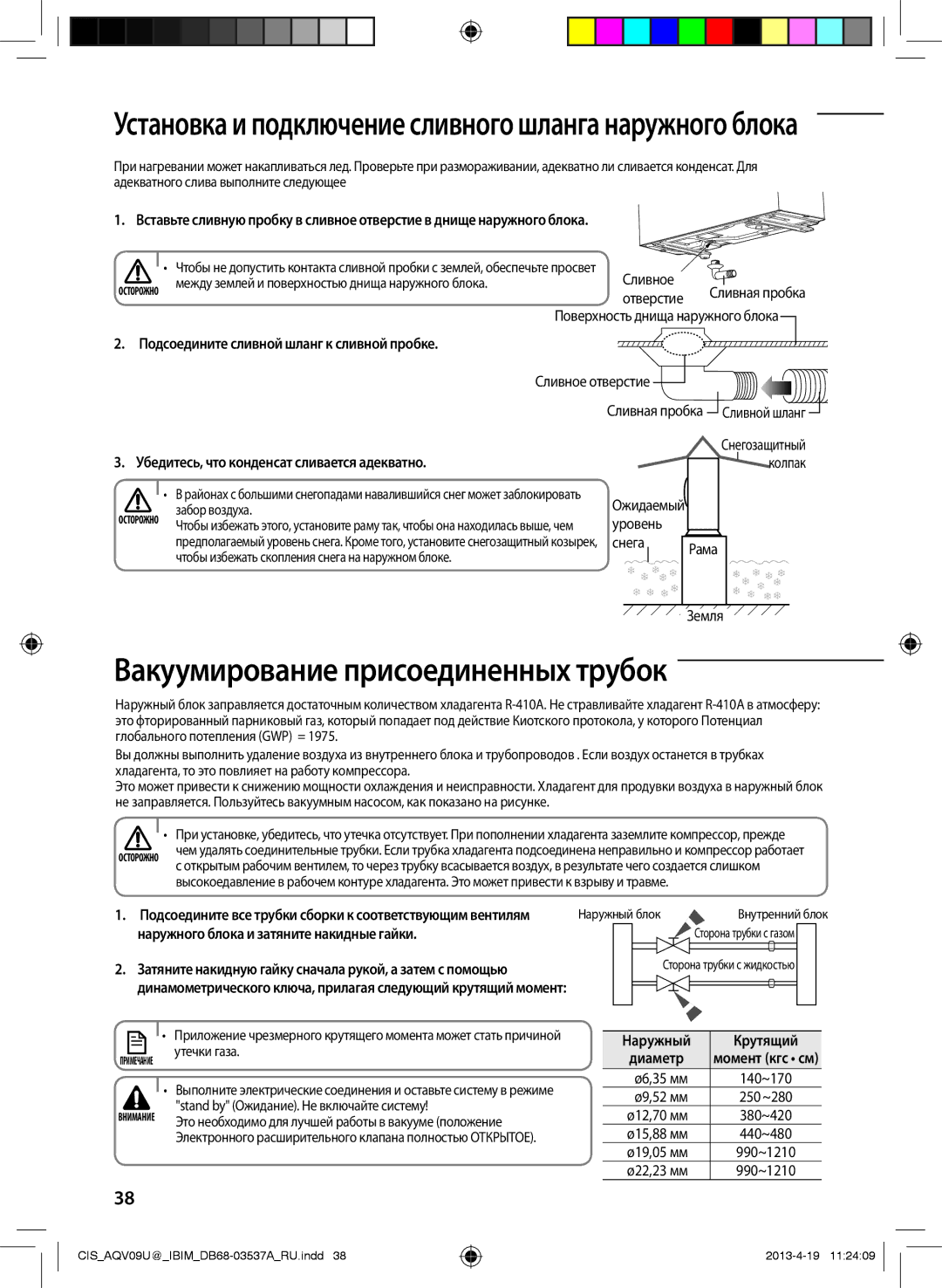 Samsung AQV24UGFNSER manual Вакуумирование присоединенных трубок, Подсоедините сливной шланг к сливной пробке, Крутящий 