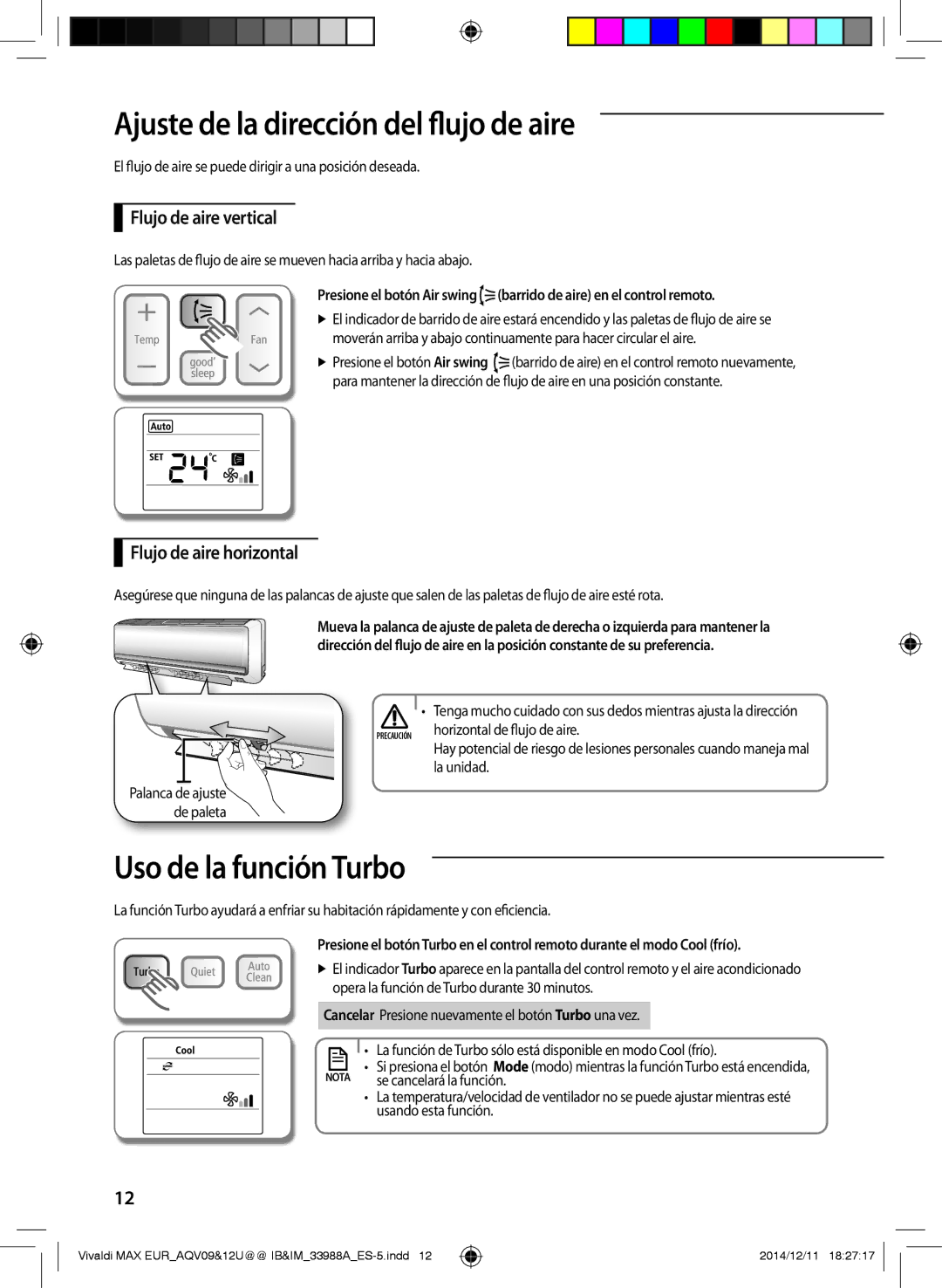 Samsung AQV09UGFXEUR manual Ajuste de la dirección del flujo de aire, Uso de la función Turbo, Flujo de aire vertical 