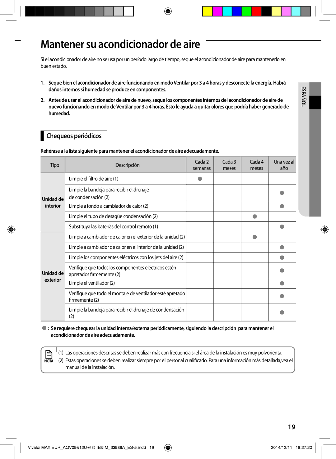 Samsung AQV12UGFXEUR, AQV09UGFXEUR, AQV09UGFNEUR, AQV12UGFNEUR manual Mantener su acondicionador de aire, Chequeos periódicos 