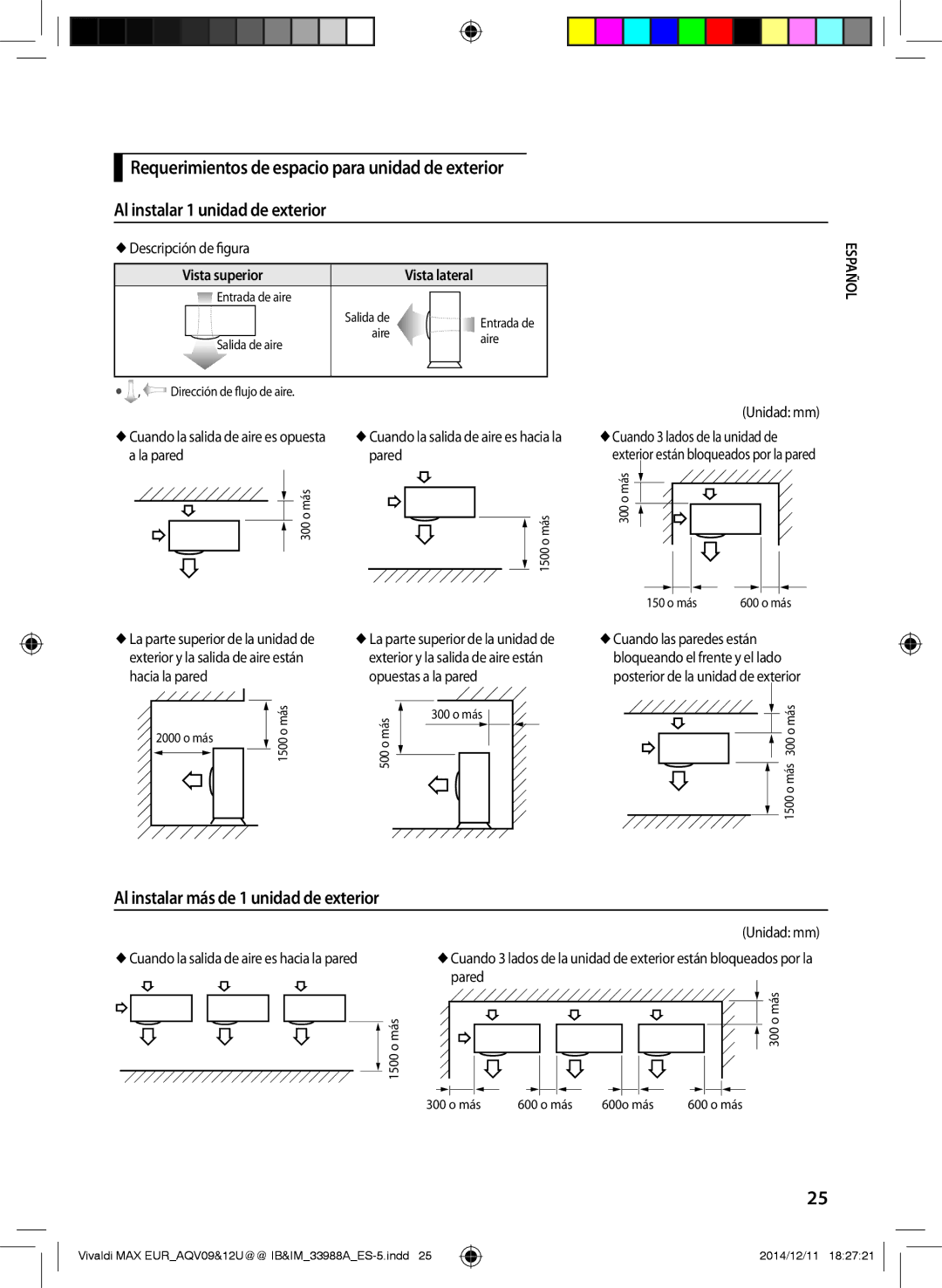 Samsung AQV09UGFNEUR manual Al instalar más de 1 unidad de exterior,  Descripción de figura, Vista superior Vista lateral 