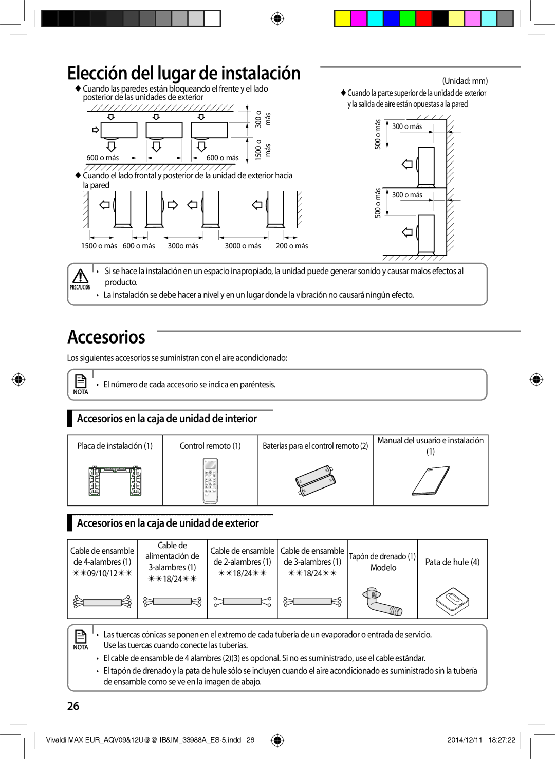 Samsung AQV12UGFNEUR manual Accesorios en la caja de unidad de interior, Accesorios en la caja de unidad de exterior 