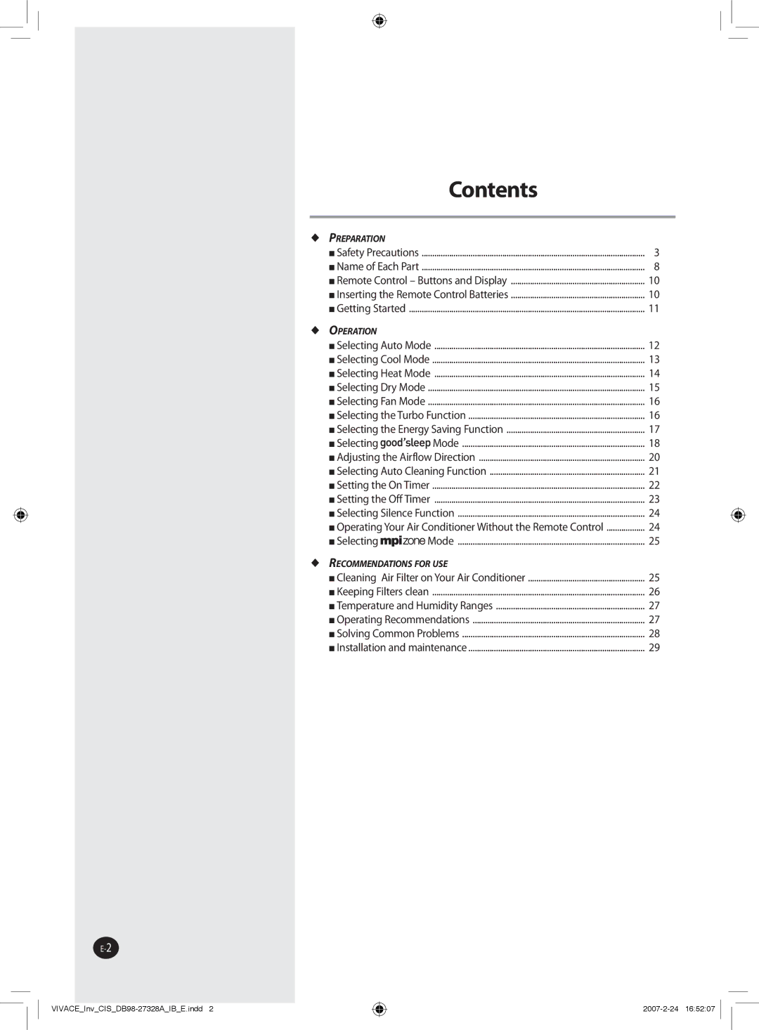 Samsung AQV09VBANSER, AQV09VBAXSER, AQV12VBAXSER, AQV12VBANSER manual Contents 