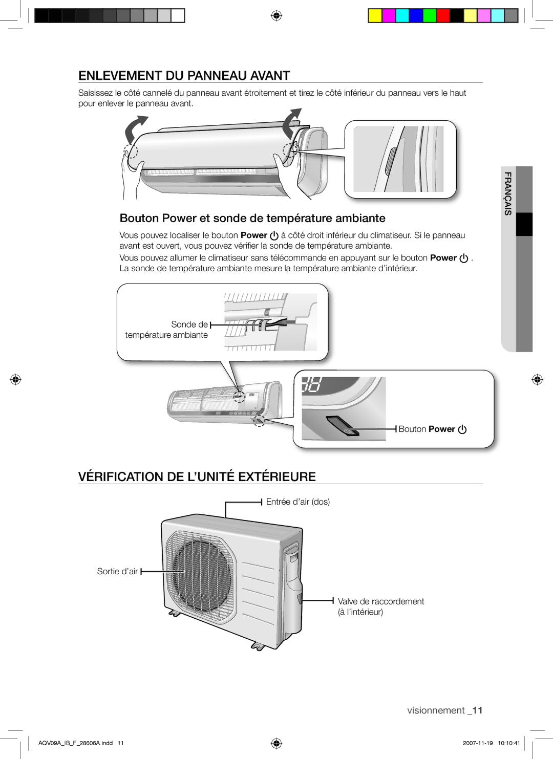 Samsung AQV12ABAN, AQV09VBCNKCV, AQV12AWAX, AQV09AWAX manual Enlevement DU Panneau Avant, Vérification DE L’UNITÉ Extérieure 