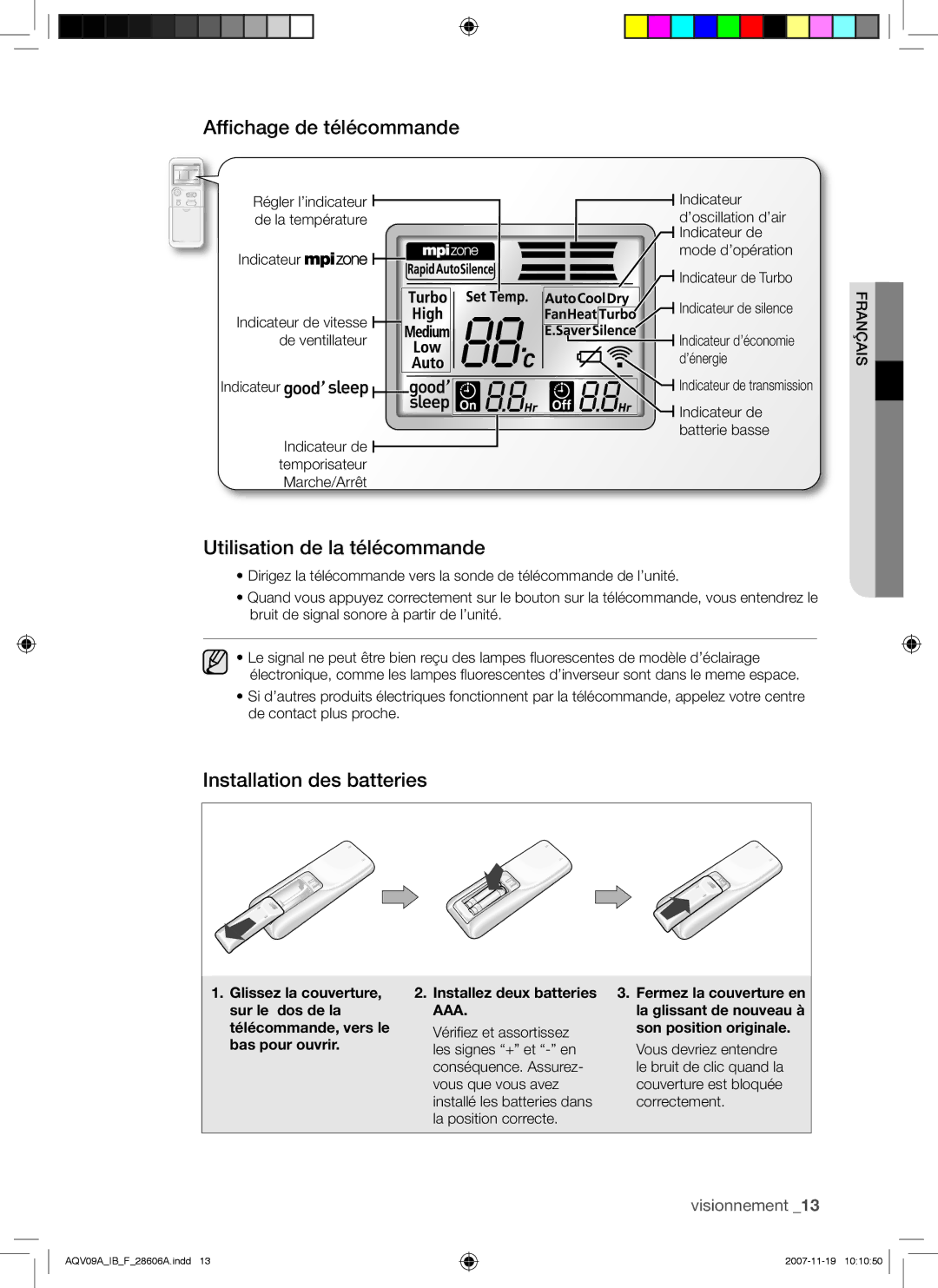 Samsung AQV09VBCNKCV, AQV12AWAX manual Affichage de télécommande, Utilisation de la télécommande, Installation des batteries 