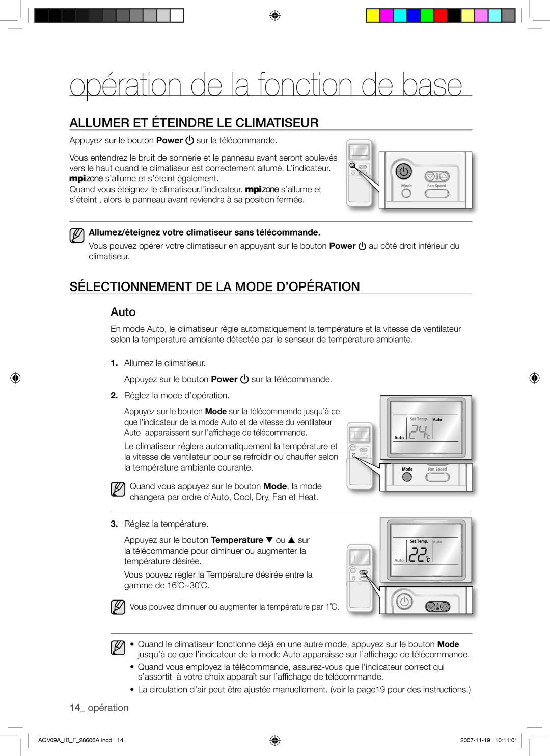 Samsung AQV12AWAX, AQV09VBCNKCV, AQV09AWAX manual Opération de la fonction de base, Allumer ET Éteindre LE Climatiseur, Auto 