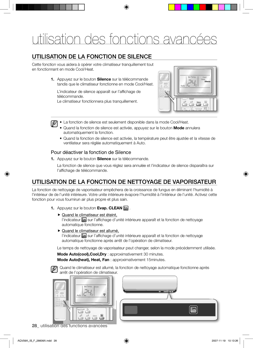 Samsung AQV09ABAX manual Utilisation DE LA Fonction DE Silence, Utilisation DE LA Fonction DE Nettoyage DE Vaporisateur 