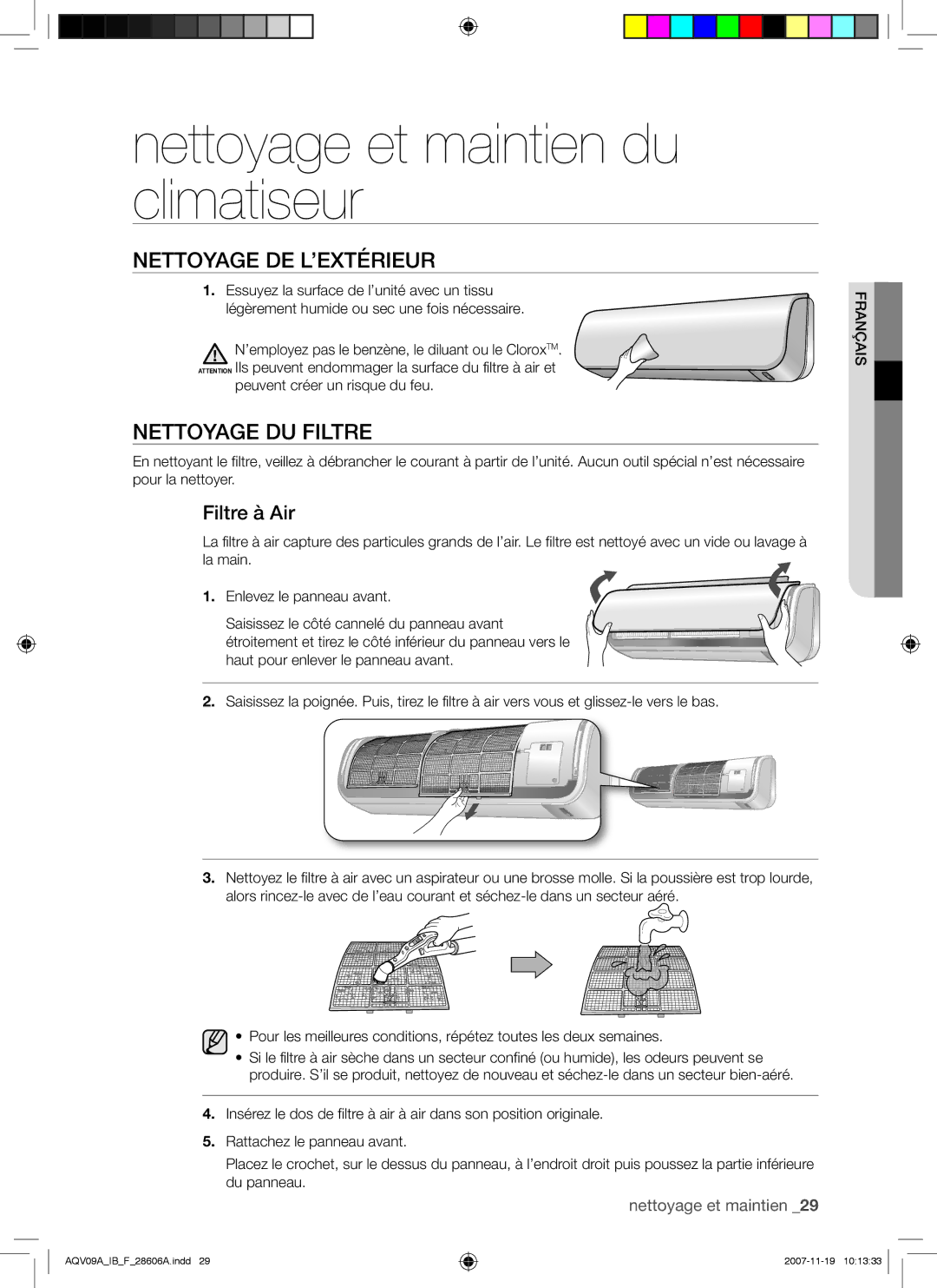 Samsung AQV12AWAN manual Nettoyage et maintien du climatiseur, Nettoyage DE L’EXTÉRIEUR, Nettoyage DU Filtre, Filtre à Air 