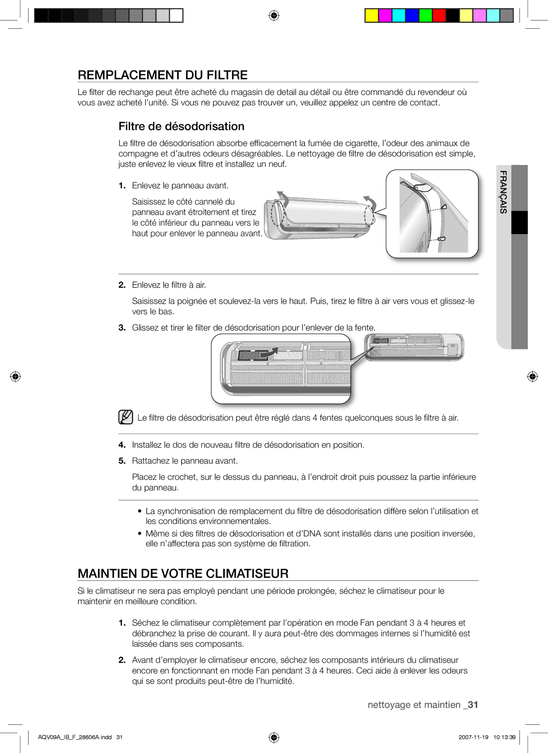 Samsung AQV09AWAN, AQV09VBCNKCV, AQV12AWAX Remplacement DU Filtre, Maintien DE Votre Climatiseur, Filtre de désodorisation 