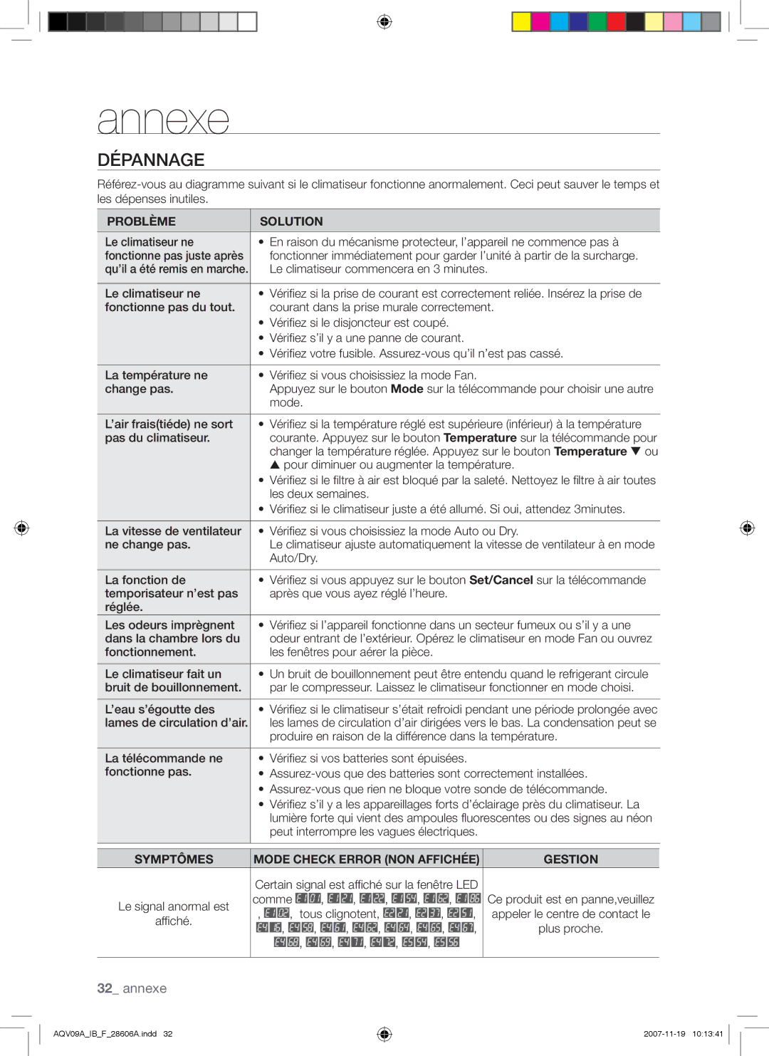 Samsung AQV09VBCNKCV, AQV12AWAX, AQV09AWAX, AQV09ABAX, AQV12AWAN, AQV12ABAX, AQV09AWAN, AQV12VBCX, AQV12VBCN Annexe, Dépannage 