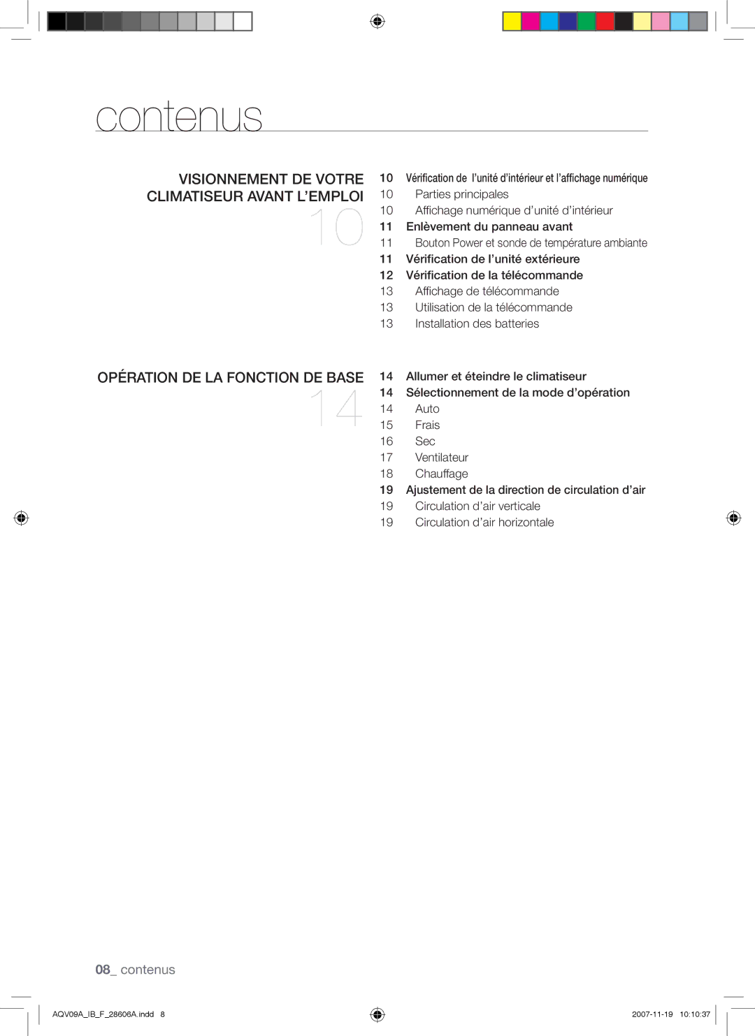 Samsung AQV09VBCNKCV, AQV12AWAX, AQV09AWAX, AQV09ABAX manual Contenus, Visionnement DE Votre Climatiseur Avant L’EMPLOI 