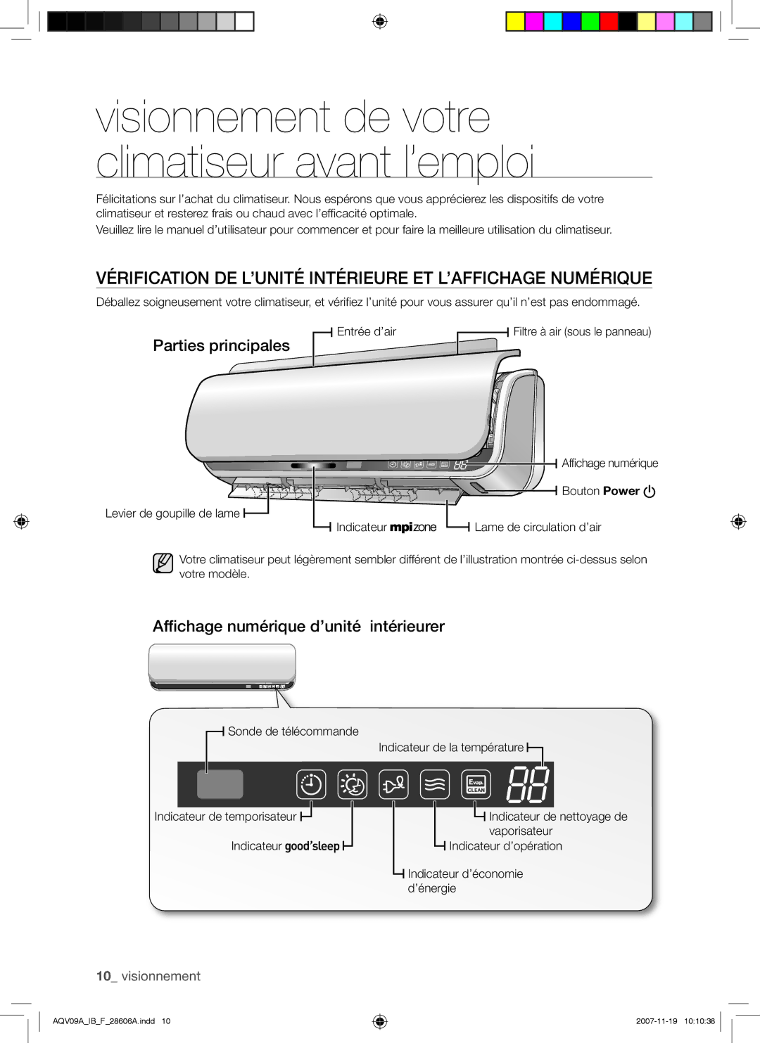 Samsung AQV12VBCN, AQV09VBCNKCV, AQV12AWAX Vérification DE L’UNITÉ Intérieure ET L’AFFICHAGE Numérique, Parties principales 