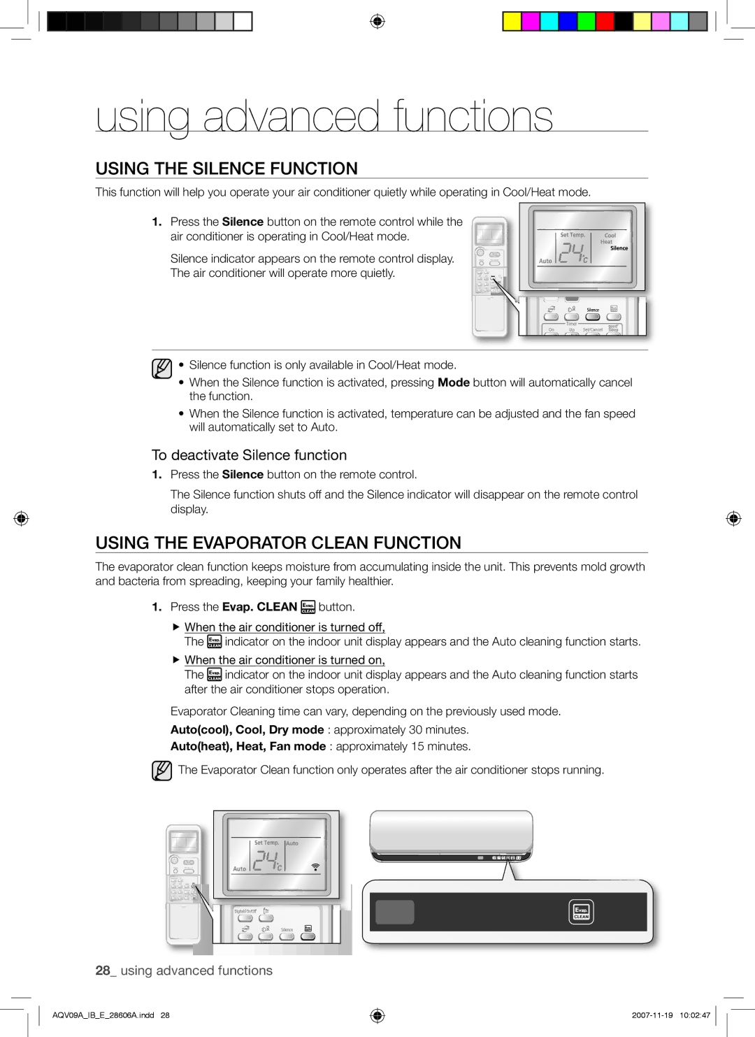 Samsung AQV12AWAN manual Using the Silence Function, Using the Evaporator Clean Function, To deactivate Silence function 