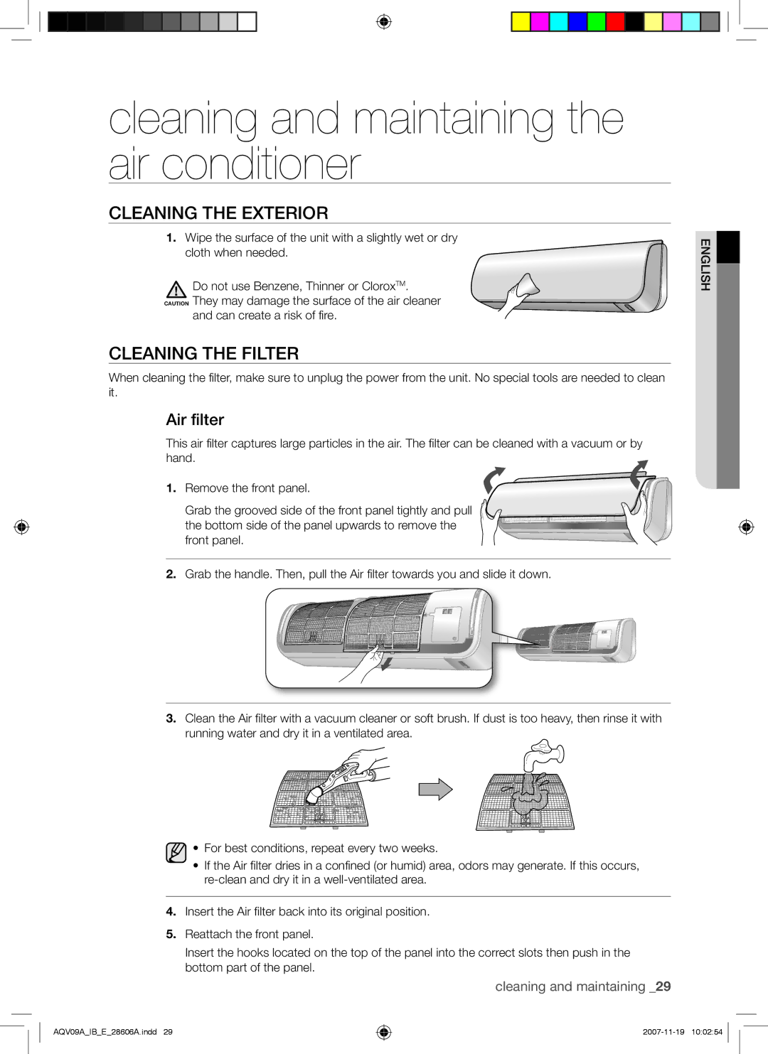 Samsung AQV12ABAX Cleaning and maintaining the air conditioner, Cleaning the Exterior, Cleaning the Filter, Air filter 