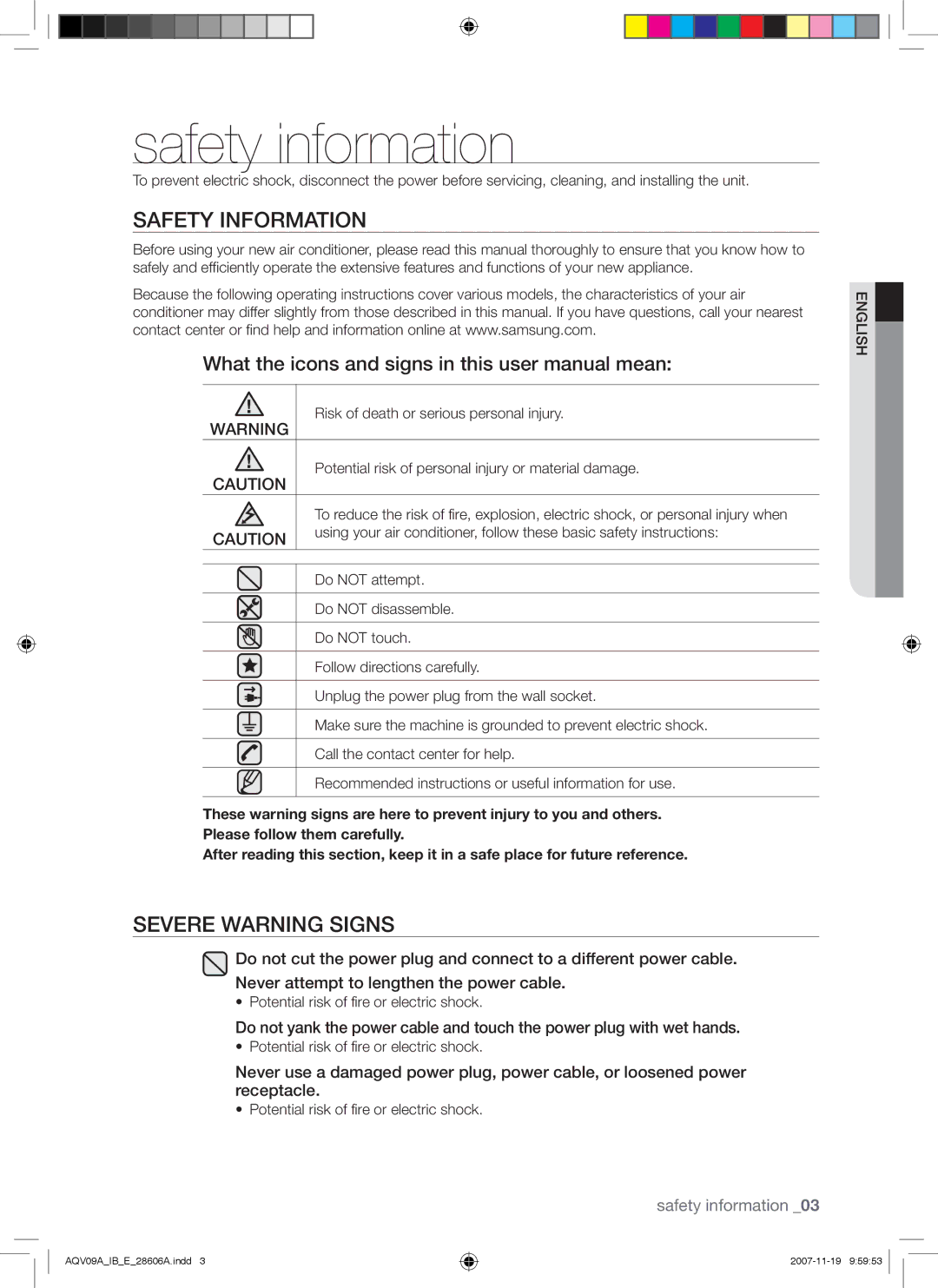 Samsung AQV09ABAX, AQV09VBCNKCV, AQV12AWAX, AQV09AWAX, AQV12AWAN Safety information, Safety Information, Severe Warning Signs 