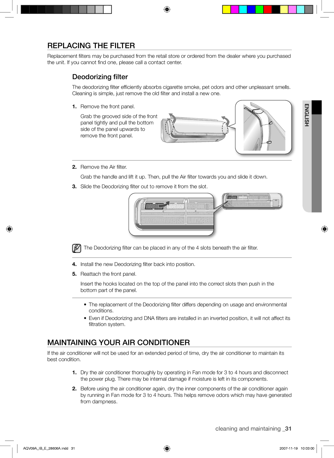 Samsung AQV09VBCNKCV, AQV12AWAX, AQV09AWAX Replacing the Filter, Maintaining Your AIR Conditioner, Deodorizing filter 