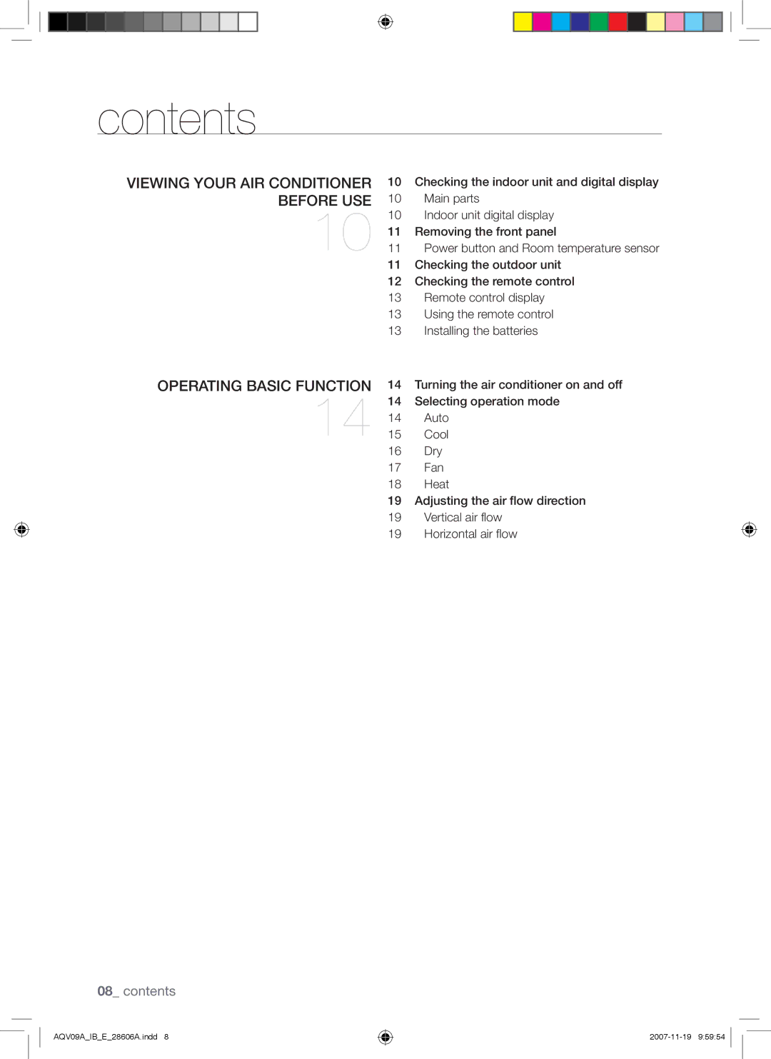 Samsung AQV12VBCX, AQV09VBCNKCV, AQV12AWAX, AQV09AWAX, AQV09ABAX, AQV12AWAN, AQV12ABAX, AQV09AWAN, AQV12VBCN, AQV12ABAN Contents 