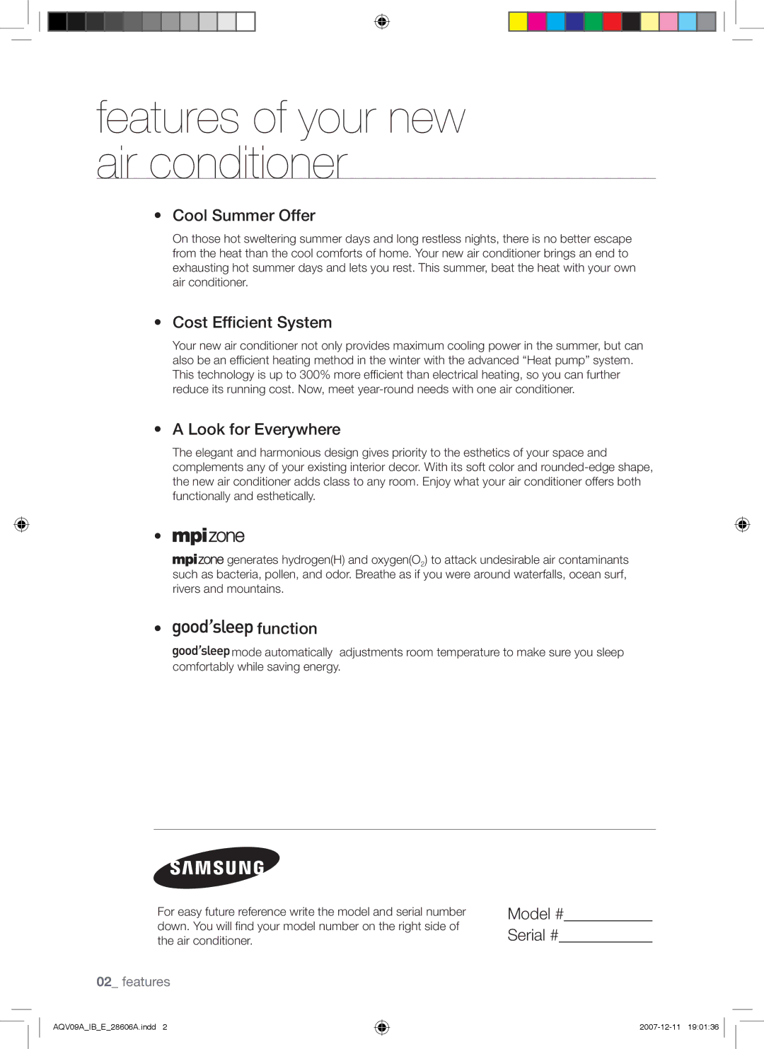 Samsung AQV12ABAN manual Cool Summer Offer, Cost Efficient System, Look for Everywhere, Function, Model # Serial # 