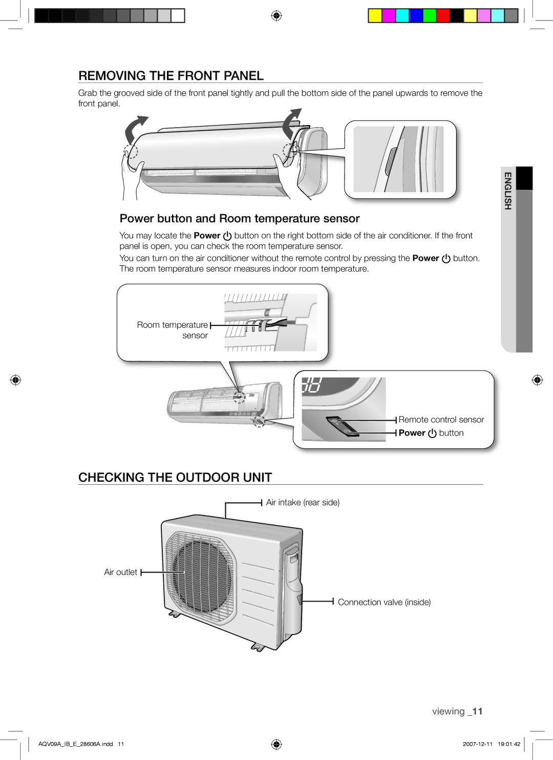 Samsung AQV12ABAN, AQV12ABAX Removing the Front Panel, Checking the Outdoor Unit, Power button and Room temperature sensor 